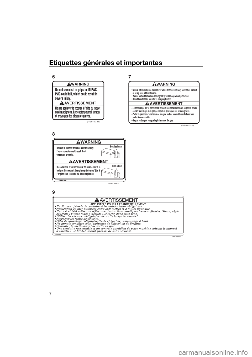 YAMAHA VXR 2018 Notices Demploi (in French) Etiquettes générales et importantes
7
(F1S-U41E1-11)
F0V-U41DB-12
(F1S-U41E1-11)
GP8-U416H-01
6
8
97
UF2W74F0.book Page 7 Wednesday, June 21, 2017 9:39 AM YAMAHA VXR 2018 Notices Demploi (in French) Etiquettes générales et importantes
7
(F1S-U41E1-11)
F0V-U41DB-12
(F1S-U41E1-11)
GP8-U416H-01
6
8
97
UF2W74F0.book Page 7 Wednesday, June 21, 2017 9:39 AM