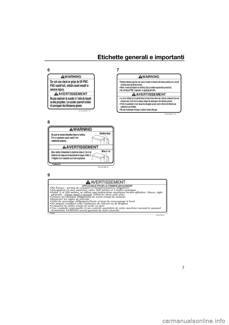 YAMAHA VXR 2018 Manuale duso (in Italian) Etichette generali e importanti
7
(F1S-U41E1-11)
F0V-U41DB-12
(F1S-U41E1-11)
GP8-U416H-01
6
8
97
UF2W74H0.book Page 7 Tuesday, June 27, 2017 3:40 PM YAMAHA VXR 2018 Manuale duso (in Italian) Etichette generali e importanti
7
(F1S-U41E1-11)
F0V-U41DB-12
(F1S-U41E1-11)
GP8-U416H-01
6
8
97
UF2W74H0.book Page 7 Tuesday, June 27, 2017 3:40 PM