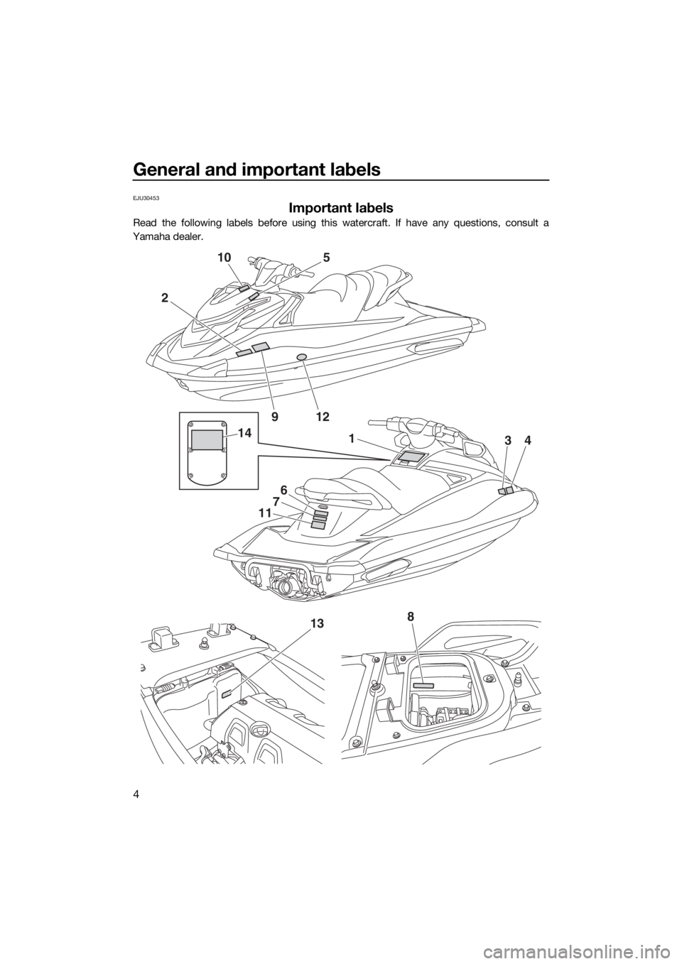YAMAHA VXR 2017 Owners Manual General and important labels
4
EJU30453
Important labels
Read the following labels before using this watercraft. If have any questions, consult a
Yamaha dealer.
2
10
1
6
7
11
34
5
912
14
813
UF2W73E0. YAMAHA VXR 2017 Owners Manual General and important labels
4
EJU30453
Important labels
Read the following labels before using this watercraft. If have any questions, consult a
Yamaha dealer.
2
10
1
6
7
11
34
5
912
14
813
UF2W73E0.