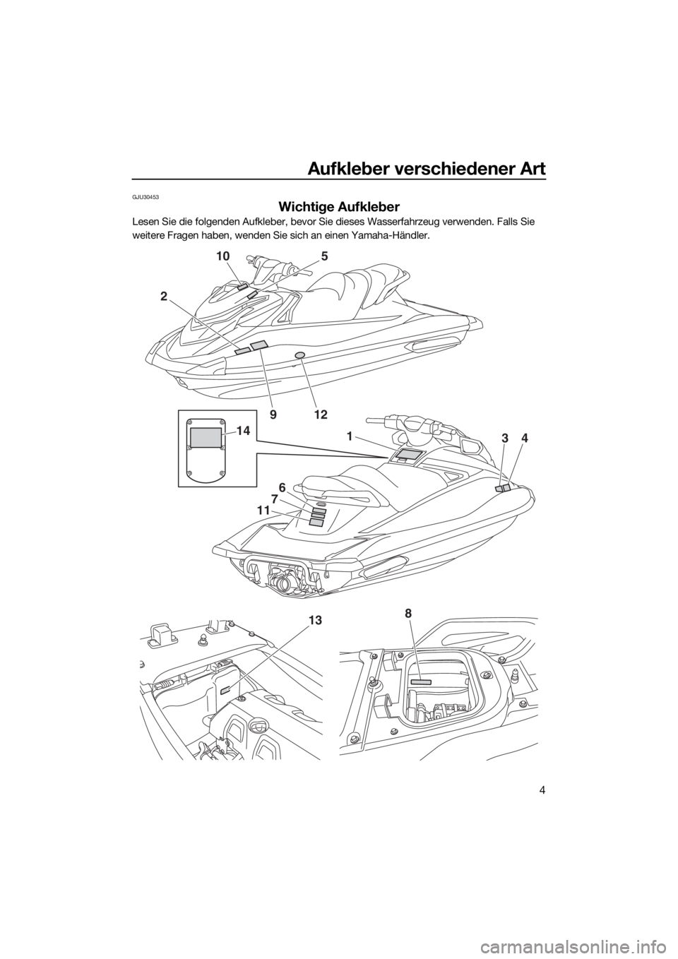YAMAHA VXR 2017 Betriebsanleitungen (in German) Aufkleber verschiedener Art
4
GJU30453
Wichtige Aufkleber
Lesen Sie die folgenden Aufkleber, bevor Sie dieses Wasserfahrzeug verwenden. Falls Sie
weitere Fragen haben, wenden Sie sich an einen Yamaha YAMAHA VXR 2017 Betriebsanleitungen (in German) Aufkleber verschiedener Art
4
GJU30453
Wichtige Aufkleber
Lesen Sie die folgenden Aufkleber, bevor Sie dieses Wasserfahrzeug verwenden. Falls Sie
weitere Fragen haben, wenden Sie sich an einen Yamaha