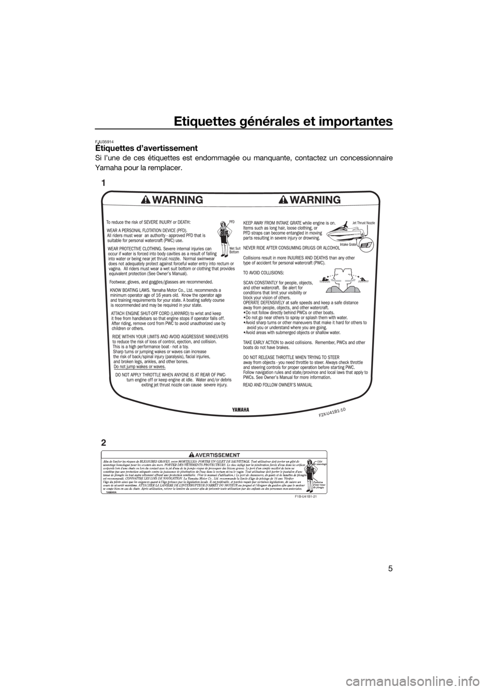 YAMAHA VXR 2017  Notices Demploi (in French) Etiquettes générales et importantes
5
FJU35914Étiquettes d’avertissement
Si l’une de ces étiquettes est endommagée ou manquante, contactez un concessionnaire
Yamaha pour la remplacer.
F1B-U41
