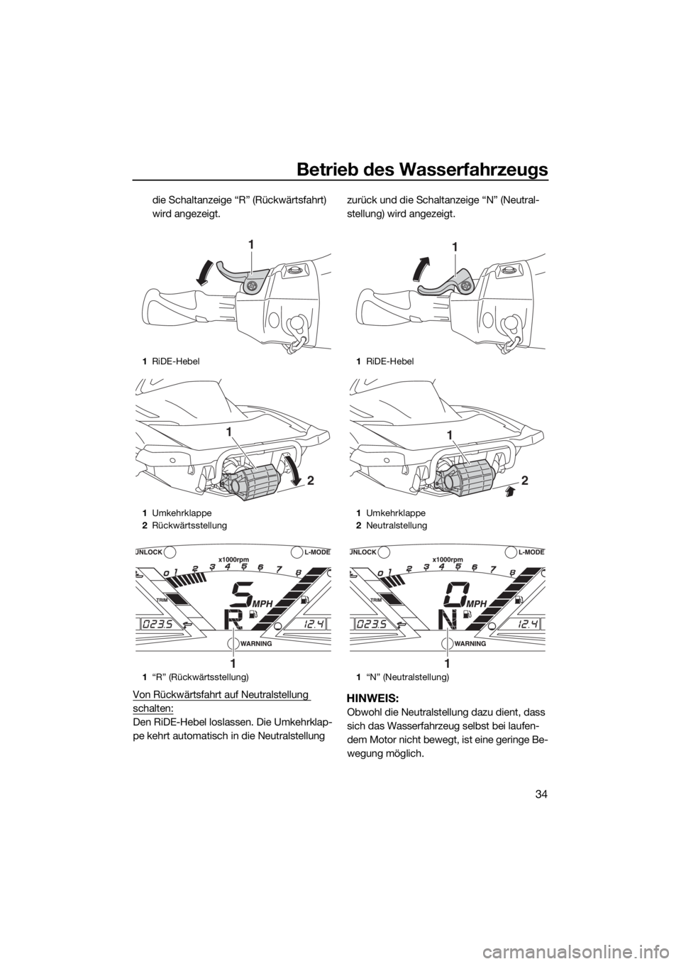 YAMAHA VXR 2016 Betriebsanleitungen (in German) Betrieb des Wasserfahrzeugs
34
die Schaltanzeige “R” (Rückwärtsfahrt)
wird angezeigt.
Von Rückwärtsfahrt auf Neutralstellung
schalten:
Den RiDE-Hebel loslassen. Die Umkehrklap-
pe kehrt auto YAMAHA VXR 2016 Betriebsanleitungen (in German) Betrieb des Wasserfahrzeugs
34
die Schaltanzeige “R” (Rückwärtsfahrt)
wird angezeigt.
Von Rückwärtsfahrt auf Neutralstellung
schalten:
Den RiDE-Hebel loslassen. Die Umkehrklap-
pe kehrt auto
