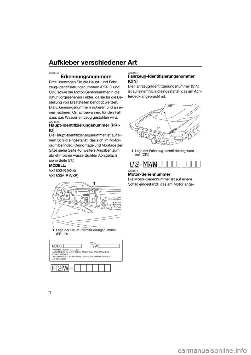YAMAHA VXS 2016 Betriebsanleitungen (in German) Aufkleber verschiedener Art
1
GJU36452
Erkennungsnummern
Bitte übertragen Sie die Haupt- und Fahr-
zeug-Identifizierungsnummern (PRI-ID und
CIN) sowie die Motor-Seriennummer in die
dafür vorgesehe YAMAHA VXS 2016 Betriebsanleitungen (in German) Aufkleber verschiedener Art
1
GJU36452
Erkennungsnummern
Bitte übertragen Sie die Haupt- und Fahr-
zeug-Identifizierungsnummern (PRI-ID und
CIN) sowie die Motor-Seriennummer in die
dafür vorgesehe