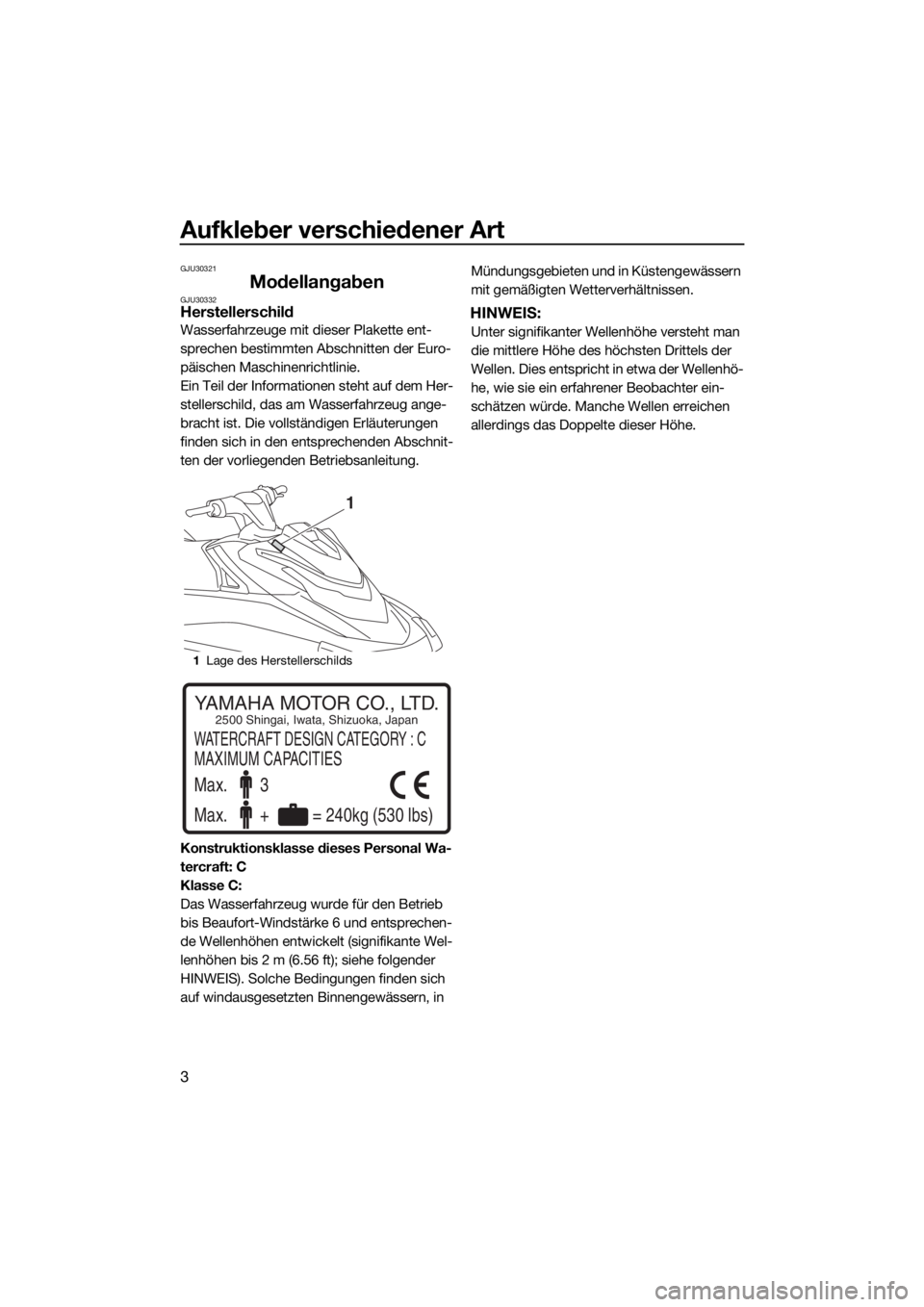 YAMAHA VXS 2016 Betriebsanleitungen (in German) Aufkleber verschiedener Art
3
GJU30321
ModellangabenGJU30332Herstellerschild
Wasserfahrzeuge mit dieser Plakette ent-
sprechen bestimmten Abschnitten der Euro-
päischen Maschinenrichtlinie.
Ein Teil YAMAHA VXS 2016 Betriebsanleitungen (in German) Aufkleber verschiedener Art
3
GJU30321
ModellangabenGJU30332Herstellerschild
Wasserfahrzeuge mit dieser Plakette ent-
sprechen bestimmten Abschnitten der Euro-
päischen Maschinenrichtlinie.
Ein Teil