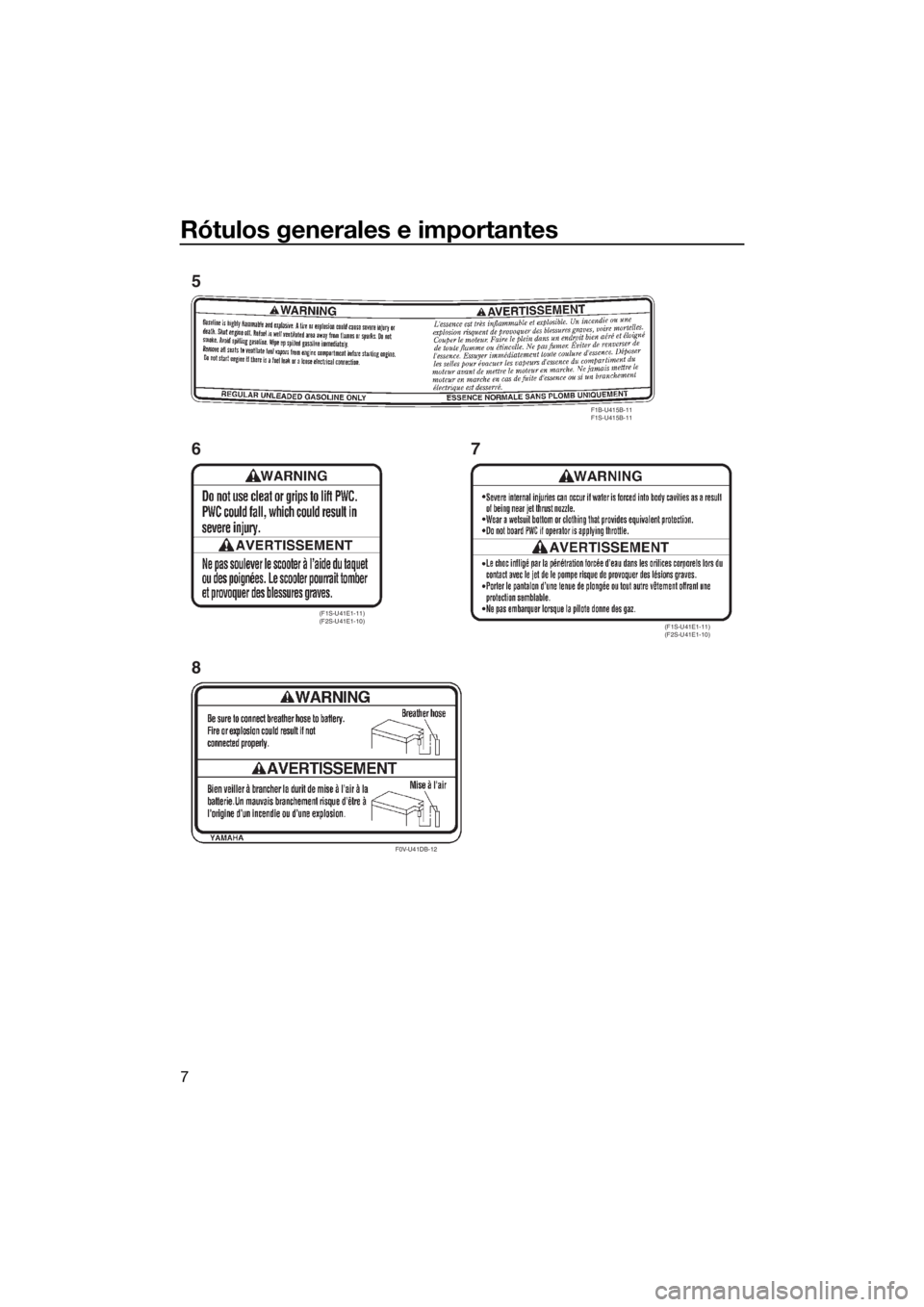 YAMAHA VXS 2016  Manuale de Empleo (in Spanish) Rótulos generales e importantes
7
(F1S-U41E1-11) 
(F2S-U41E1-10)
F0V-U41DB-12
(F1S-U41E1-11) 
(F2S-U41E1-10)
F1B-U415B-11
F1S-U415B-11
6
87 5
UF2W71S0.book  Page 7  Monday, July 6, 2015  1:44 PM 