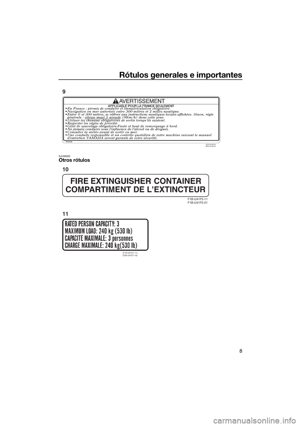YAMAHA VXS 2016  Manuale de Empleo (in Spanish) Rótulos generales e importantes
8
SJU36262Otros rótulos
GJ3-U416H-01 
GP8-U416H-01
9
F1B-U41F5-11 
F1B-U41F5-21
(F1S-U41E1-11) 
(F2S-U41E1-10)
10
11
UF2W71S0.book  Page 8  Monday, July 6, 2015  1:44