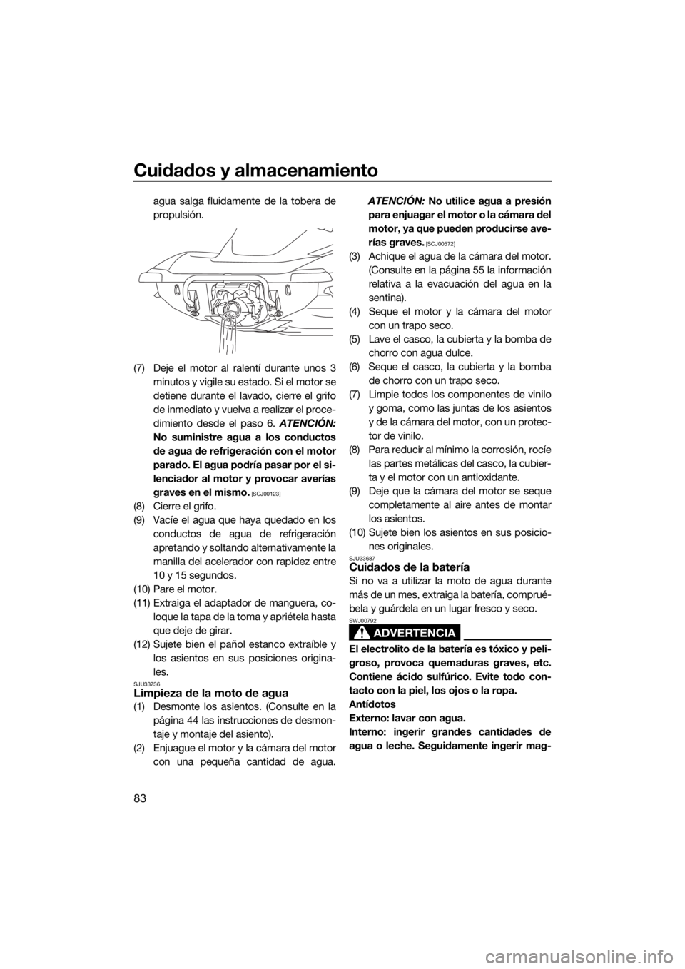 YAMAHA VXS 2016 Manuale de Empleo (in Spanish) Cuidados y almacenamiento
83
agua salga fluidamente de la tobera de
propulsión.
(7) Deje el motor al ralentí durante unos 3
minutos y vigile su estado. Si el motor se
detiene durante el lavado, cier YAMAHA VXS 2016 Manuale de Empleo (in Spanish) Cuidados y almacenamiento
83
agua salga fluidamente de la tobera de
propulsión.
(7) Deje el motor al ralentí durante unos 3
minutos y vigile su estado. Si el motor se
detiene durante el lavado, cier