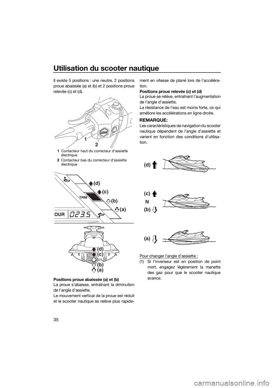 YAMAHA VXS 2016 Notices Demploi (in French) Utilisation du scooter nautique
35
Il existe 5 positions : une neutre, 2 positions
proue abaissée (a) et (b) et 2 positions proue
relevée (c) et (d).
Positions proue abaissée (a) et (b)
La proue s YAMAHA VXS 2016 Notices Demploi (in French) Utilisation du scooter nautique
35
Il existe 5 positions : une neutre, 2 positions
proue abaissée (a) et (b) et 2 positions proue
relevée (c) et (d).
Positions proue abaissée (a) et (b)
La proue s
