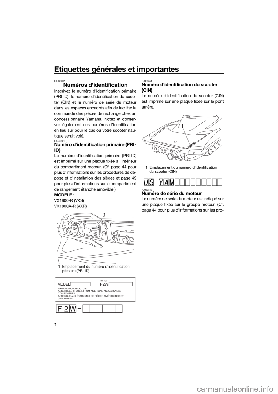 YAMAHA VXR 2016  Notices Demploi (in French) Etiquettes générales et importantes
1
FJU36452
Numéros d’identification
Inscrivez le numéro d’identification primaire
(PRI-ID), le numéro d’identification du scoo-
ter (CIN) et le numéro d