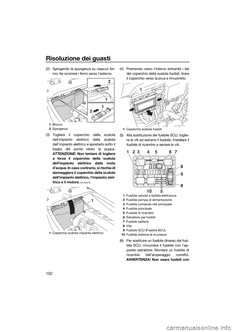 YAMAHA VXS 2016 Manuale duso (in Italian) Risoluzione dei guasti
102
(2) Spingendo la sporgenza su ciascun fer-
mo, far scorrere i fermi verso l’esterno.
(3) Togliere il coperchio della scatola
dell’impianto elettrico dalla scatola
dell YAMAHA VXS 2016 Manuale duso (in Italian) Risoluzione dei guasti
102
(2) Spingendo la sporgenza su ciascun fer-
mo, far scorrere i fermi verso l’esterno.
(3) Togliere il coperchio della scatola
dell’impianto elettrico dalla scatola
dell