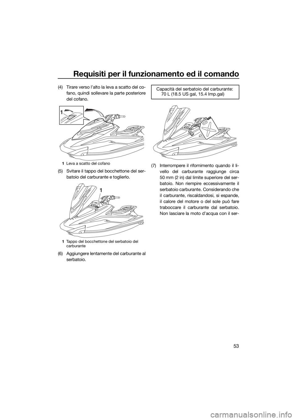 YAMAHA VXS 2016 Manuale duso (in Italian) Requisiti per il funzionamento ed il comando
53
(4) Tirare verso l’alto la leva a scatto del co-
fano, quindi sollevare la parte posteriore
del cofano.
(5) Svitare il tappo del bocchettone del ser-
YAMAHA VXS 2016 Manuale duso (in Italian) Requisiti per il funzionamento ed il comando
53
(4) Tirare verso l’alto la leva a scatto del co-
fano, quindi sollevare la parte posteriore
del cofano.
(5) Svitare il tappo del bocchettone del ser-