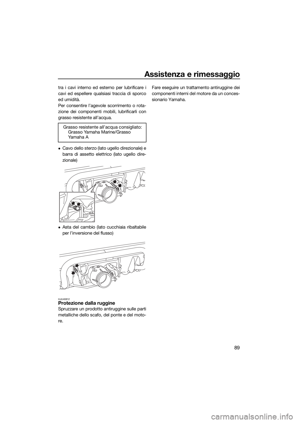 YAMAHA VXS 2016 Manuale duso (in Italian) Assistenza e rimessaggio
89
tra i cavi interno ed esterno per lubrificare i
cavi ed espellere qualsiasi traccia di sporco
ed umidità.
Per consentire l’agevole scorrimento o rota-
zione dei componen YAMAHA VXS 2016 Manuale duso (in Italian) Assistenza e rimessaggio
89
tra i cavi interno ed esterno per lubrificare i
cavi ed espellere qualsiasi traccia di sporco
ed umidità.
Per consentire l’agevole scorrimento o rota-
zione dei componen