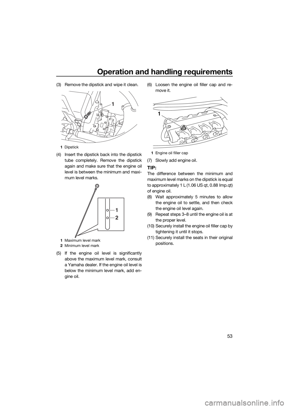 YAMAHA VXR 2015  Owners Manual Operation and handling requirements
53
(3) Remove the dipstick and wipe it clean.
(4) Insert the dipstick back into the dipstick
tube completely. Remove the dipstick
again and make sure that the engin