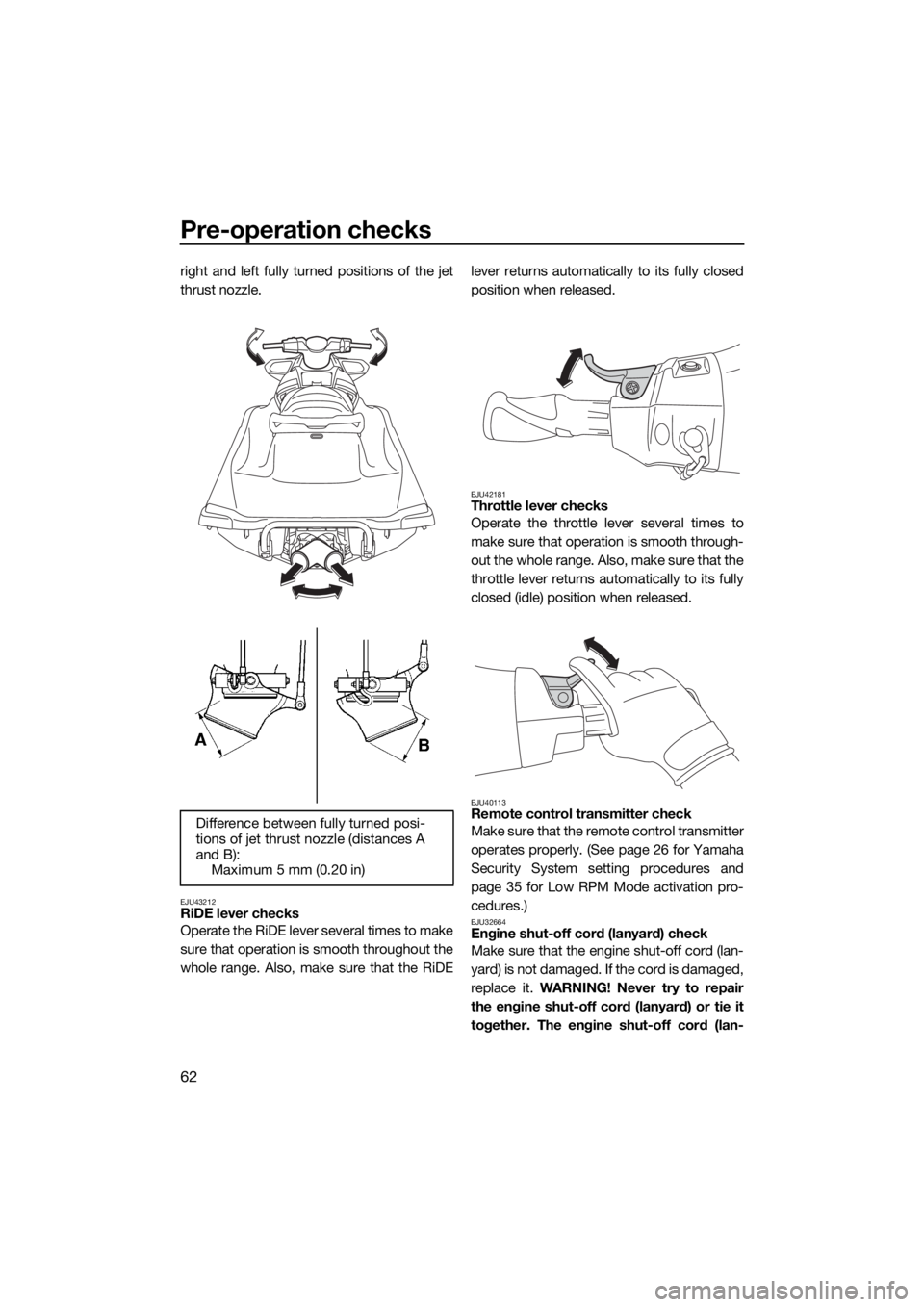 YAMAHA VXR 2015  Owners Manual Pre-operation checks
62
right and left fully turned positions of the jet
thrust nozzle.
EJU43212RiDE lever checks
Operate the RiDE lever several times to make
sure that operation is smooth throughout 