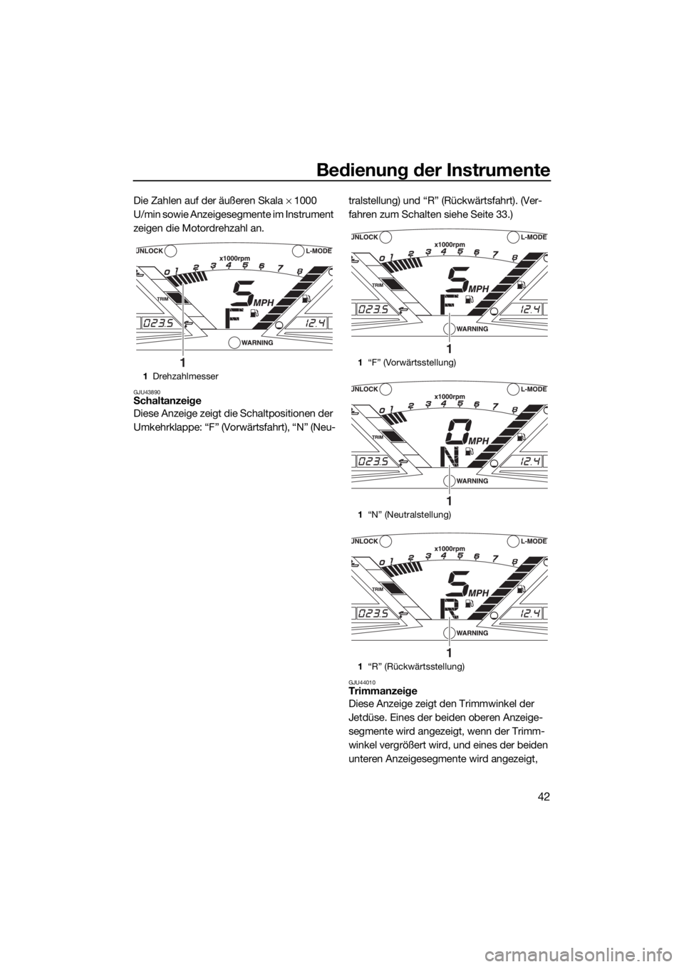 YAMAHA VXR 2015  Betriebsanleitungen (in German) Bedienung der Instrumente
42
Die Zahlen auf der äußeren Skala × 1000 
U/min sowie Anzeigesegmente im Instrument 
zeigen die Motordrehzahl an.
GJU43890Schaltanzeige
Diese Anzeige zeigt die Schaltpos