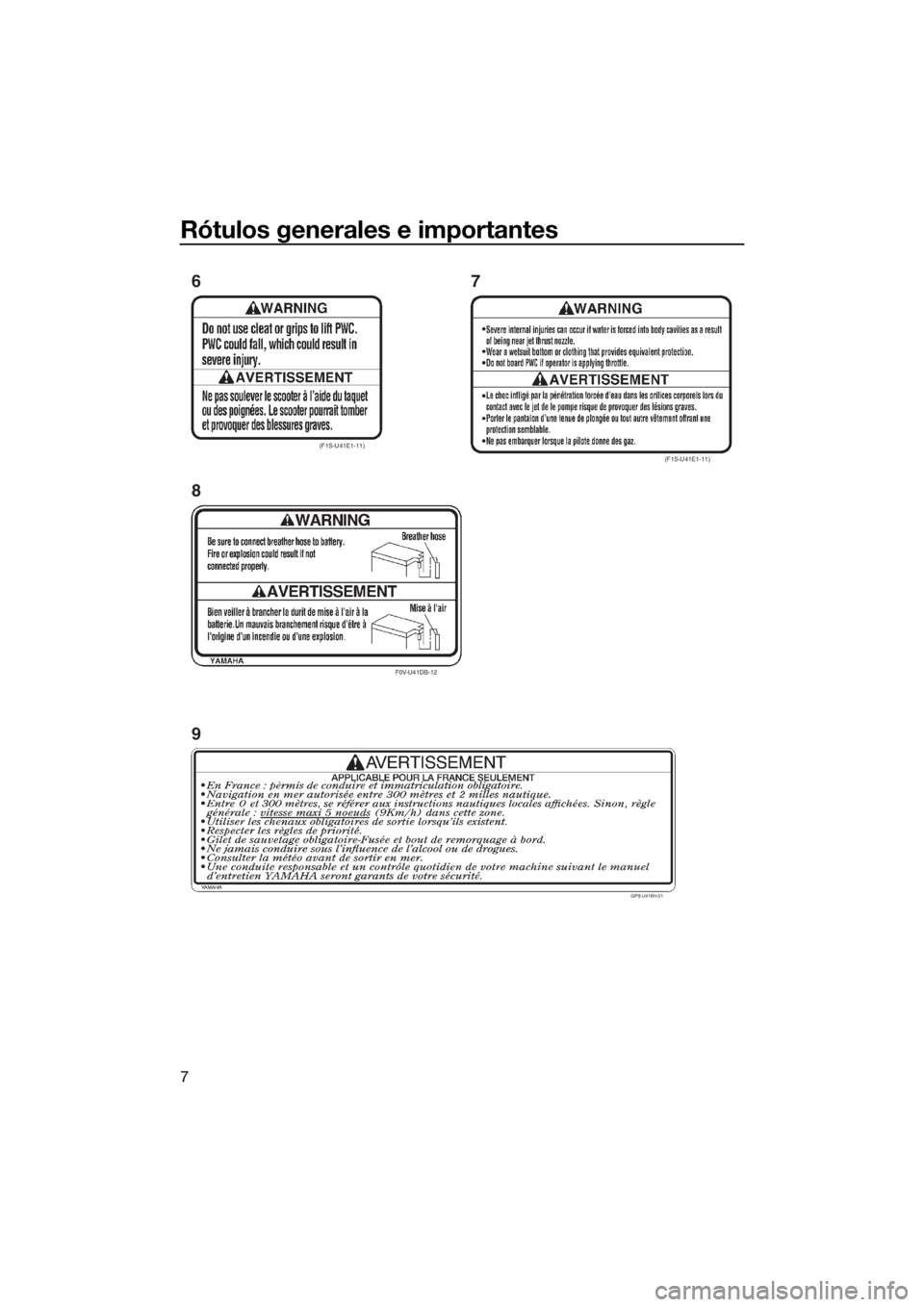 YAMAHA VXR 2015  Manuale de Empleo (in Spanish) Rótulos generales e importantes
7
(F1S-U41E1-11)
F0V-U41DB-12
(F1S-U41E1-11)
6
87
GP8-U416H-01
9
UF2W70S0.book  Page 7  Tuesday, December 8, 2015  1:45 PM 