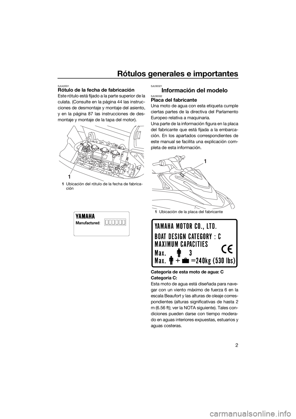 YAMAHA VXR 2015  Manuale de Empleo (in Spanish) Rótulos generales e importantes
2
SJU42031Rótulo de la fecha de fabricación
Este rótulo está fijado a la parte superior de la
culata. (Consulte en la página 44 las instruc-
ciones de desmontaje 