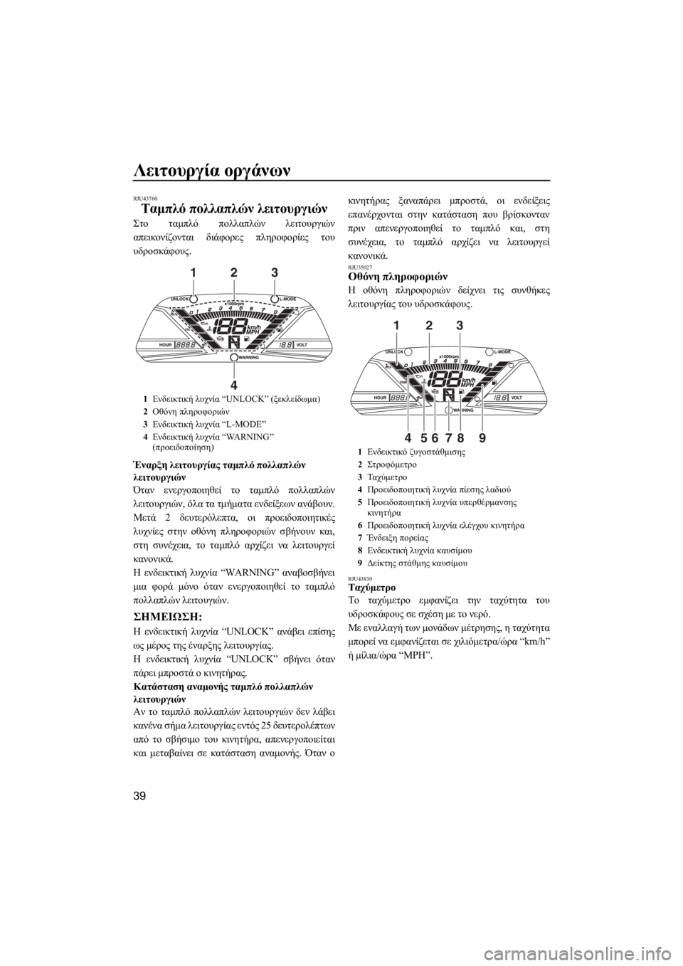 YAMAHA VXR 2015  ΟΔΗΓΌΣ ΧΡΉΣΗΣ (in Greek) Λειτουργία οργάνων
39
RJU43760
Ταμπλό πολλαπλών λειτουργιών
Στο ταμπλό πολλαπλών λειτουργιών
απεικονίζονται διά