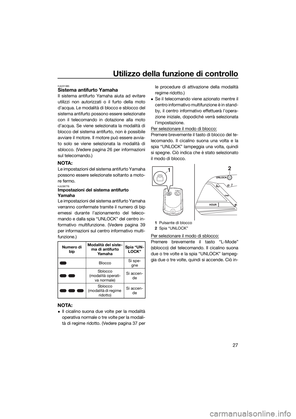 YAMAHA VXS 2015  Manuale duso (in Italian) Utilizzo della funzione di controllo
27
HJU31385Sistema antifurto Yamaha
Il sistema antifurto Yamaha aiuta ad evitare
utilizzi non autorizzati o il furto della moto
d’acqua. Le modalità di blocco e