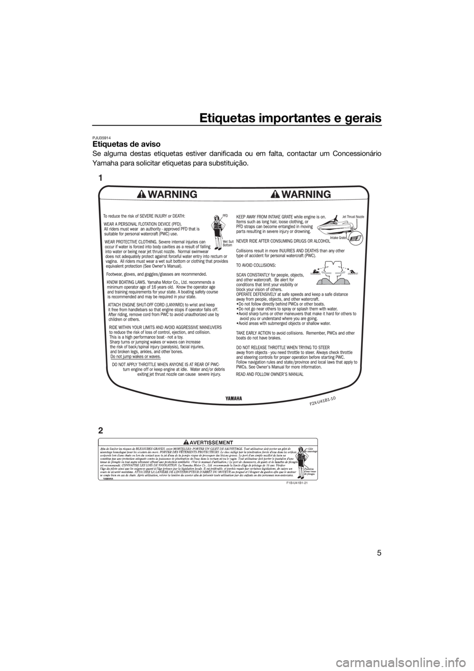 YAMAHA VXR 2015 Manual de utilização (in Portuguese) Etiquetas importantes e gerais
5
PJU35914Etiquetas de aviso
Se alguma destas etiquetas estiver danificada ou em falta, contactar um Concessionário
Yamaha para solicitar etiquetas para substituição. YAMAHA VXR 2015 Manual de utilização (in Portuguese) Etiquetas importantes e gerais
5
PJU35914Etiquetas de aviso
Se alguma destas etiquetas estiver danificada ou em falta, contactar um Concessionário
Yamaha para solicitar etiquetas para substituição.