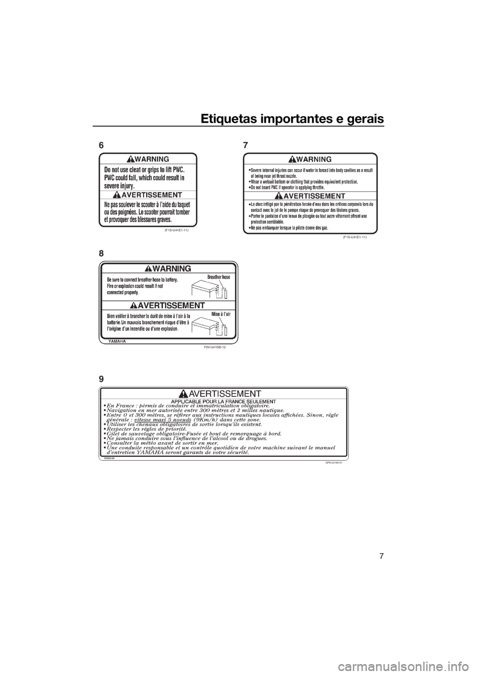 YAMAHA VXR 2015 Manual de utilização (in Portuguese) Etiquetas importantes e gerais
7
(F1S-U41E1-11)
F0V-U41DB-12
(F1S-U41E1-11)
6
87
GP8-U416H-01
9
UF2W70P0.book Page 7 Tuesday, December 8, 2015 2:06 PM YAMAHA VXR 2015 Manual de utilização (in Portuguese) Etiquetas importantes e gerais
7
(F1S-U41E1-11)
F0V-U41DB-12
(F1S-U41E1-11)
6
87
GP8-U416H-01
9
UF2W70P0.book Page 7 Tuesday, December 8, 2015 2:06 PM