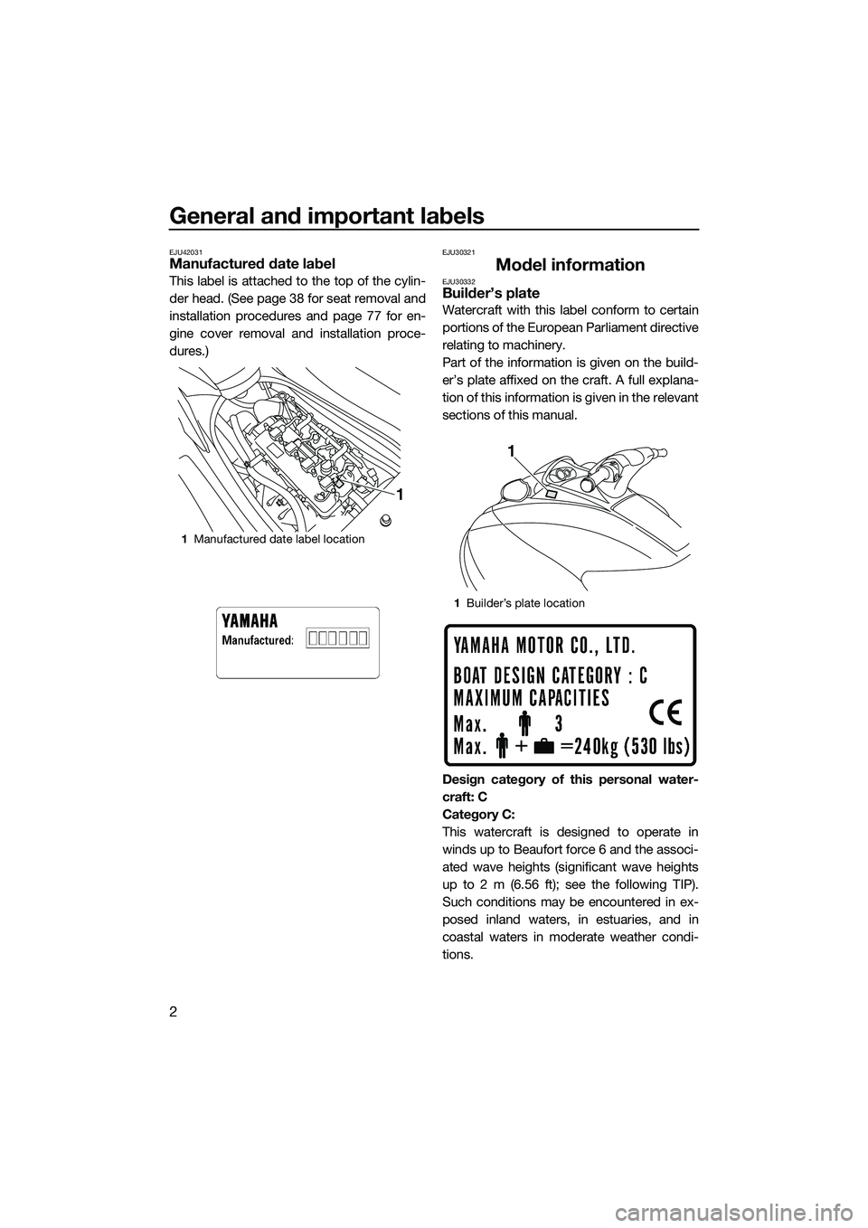 YAMAHA VXR 2014  Owners Manual General and important labels
2
EJU42031Manufactured date label
This label is attached to the top of the cylin-
der head. (See page 38 for seat removal and
installation procedures and page 77 for en-
g