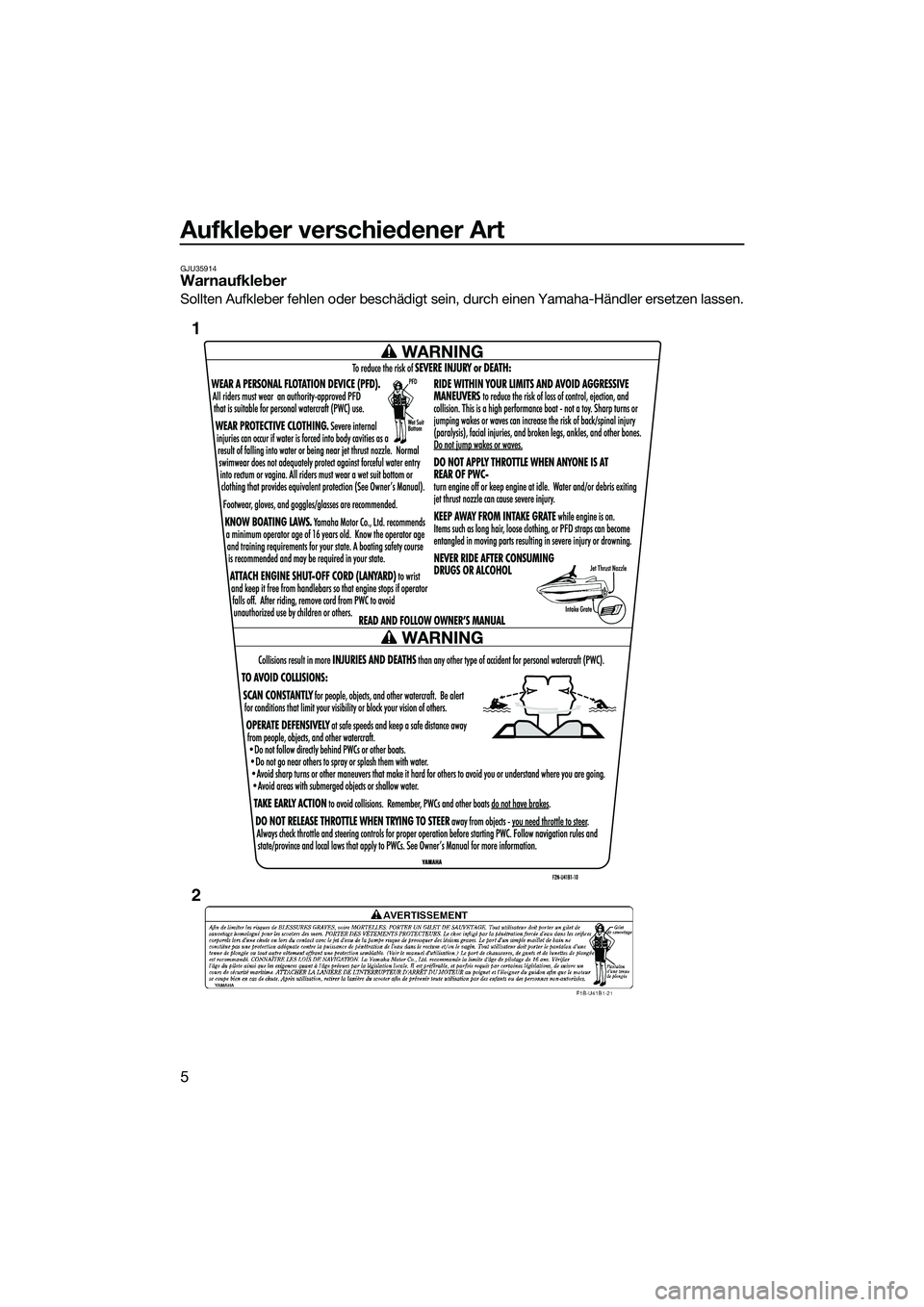 YAMAHA VXR 2014 Betriebsanleitungen (in German) Aufkleber verschiedener Art
5
GJU35914Warnaufkleber
Sollten Aufkleber fehlen oder beschädigt sein, durch einen Yamaha-Händler ersetzen lassen.
1
2
UF2M73G0.book Page 5 Friday, August 2, 2013 11:3 YAMAHA VXR 2014 Betriebsanleitungen (in German) Aufkleber verschiedener Art
5
GJU35914Warnaufkleber
Sollten Aufkleber fehlen oder beschädigt sein, durch einen Yamaha-Händler ersetzen lassen.
1
2
UF2M73G0.book Page 5 Friday, August 2, 2013 11:3