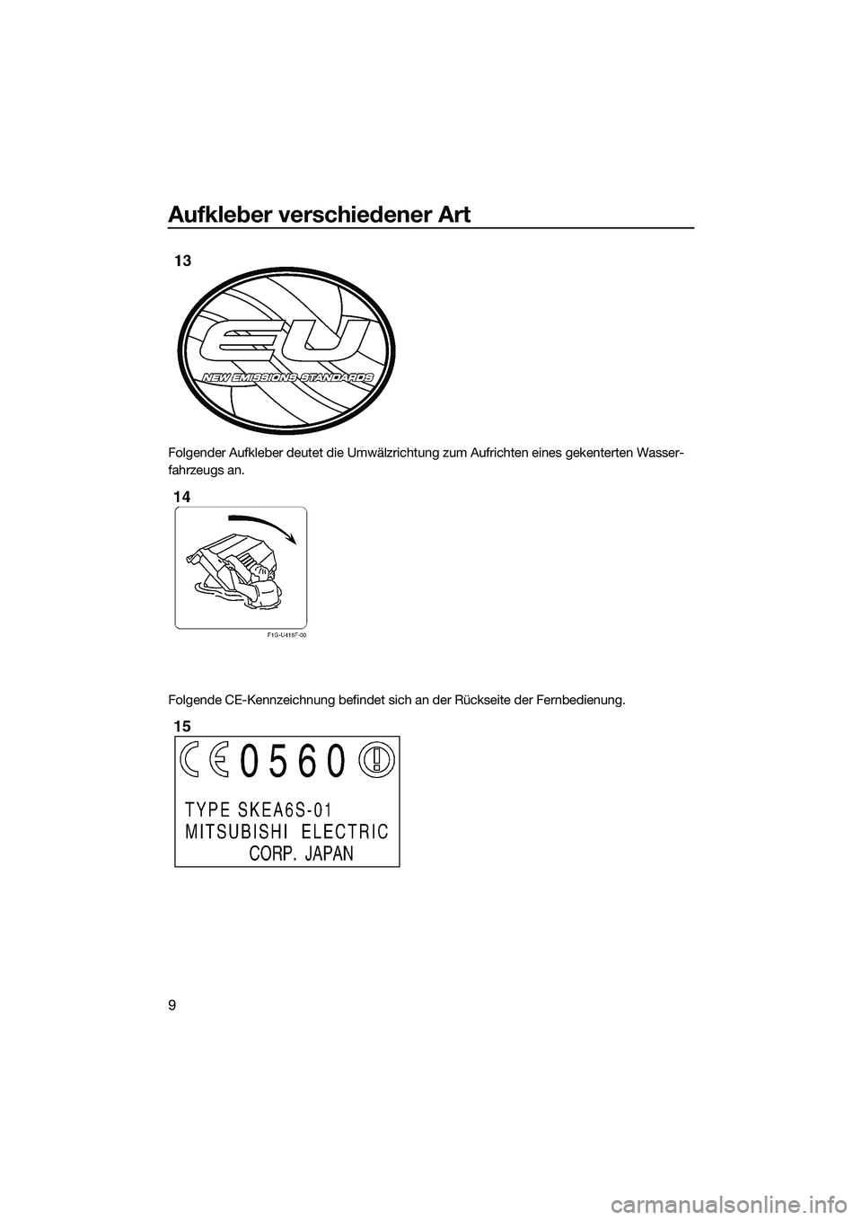 YAMAHA VXR 2014 Betriebsanleitungen (in German) Aufkleber verschiedener Art
9
Folgender Aufkleber deutet die Umwälzrichtung zum Aufrichten eines gekenterten Wasser-
fahrzeugs an.
Folgende CE-Kennzeichnung befindet sich an der Rückseite der Fernbe YAMAHA VXR 2014 Betriebsanleitungen (in German) Aufkleber verschiedener Art
9
Folgender Aufkleber deutet die Umwälzrichtung zum Aufrichten eines gekenterten Wasser-
fahrzeugs an.
Folgende CE-Kennzeichnung befindet sich an der Rückseite der Fernbe