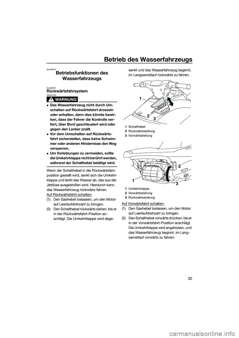 YAMAHA VXR 2014 Betriebsanleitungen (in German) Betrieb des Wasserfahrzeugs
32
GJU40012
Betriebsfunktionen des Wasserfahrzeugs
GJU40521Rückwärtsfahrsystem
WARNUNG
GWJ01231
Das Wasserfahrzeug nicht durch Um-
schalten auf Rückwärtsfahrt drosse YAMAHA VXR 2014 Betriebsanleitungen (in German) Betrieb des Wasserfahrzeugs
32
GJU40012
Betriebsfunktionen des Wasserfahrzeugs
GJU40521Rückwärtsfahrsystem
WARNUNG
GWJ01231
Das Wasserfahrzeug nicht durch Um-
schalten auf Rückwärtsfahrt drosse