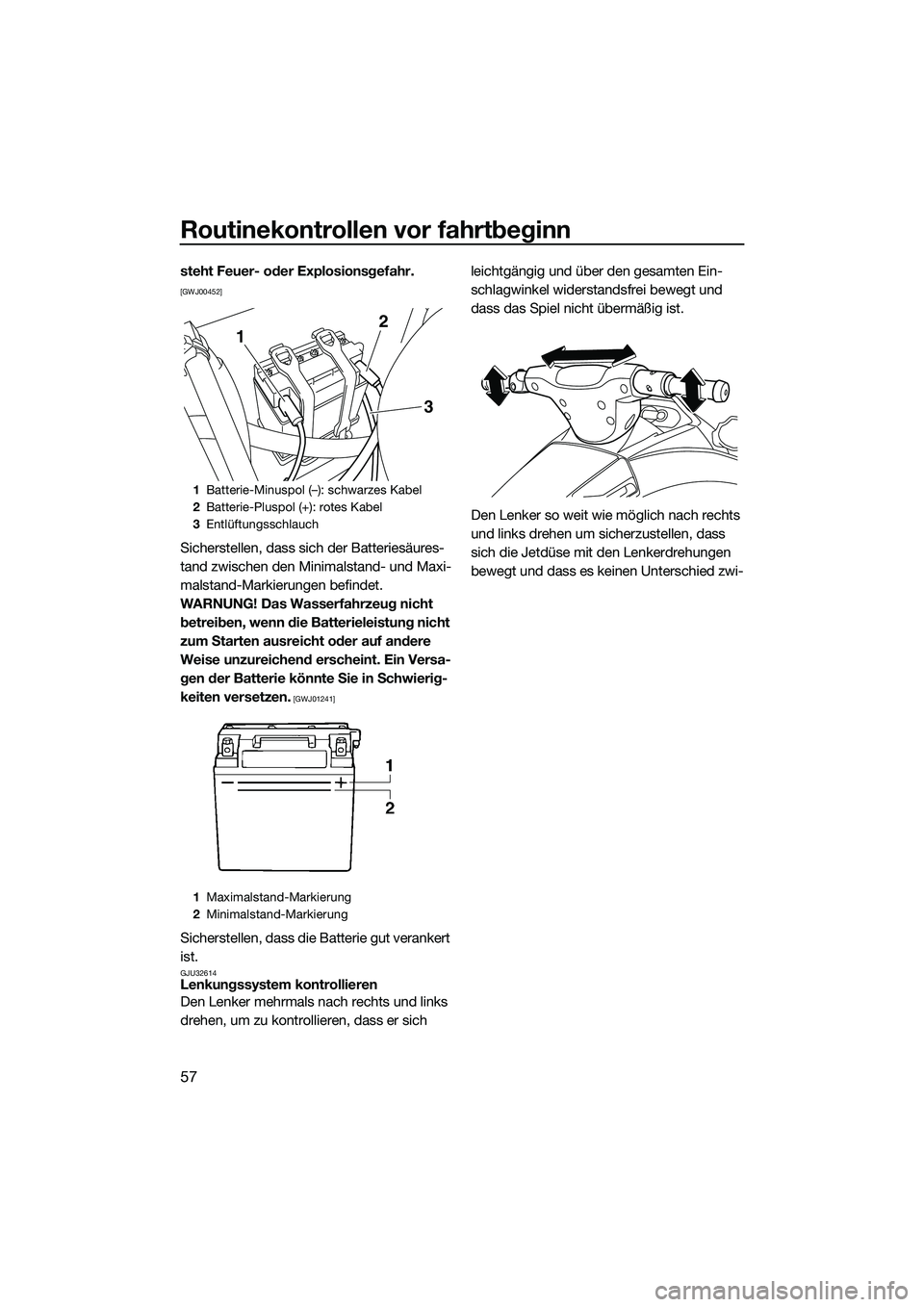 YAMAHA VXR 2014  Betriebsanleitungen (in German) Routinekontrollen vor fahrtbeginn
57
steht Feuer- oder Explosionsgefahr. 
[GWJ00452]
Sicherstellen, dass sich der Batteriesäures-
tand zwischen den Minimalstand- und Maxi-
malstand-Markierungen befin