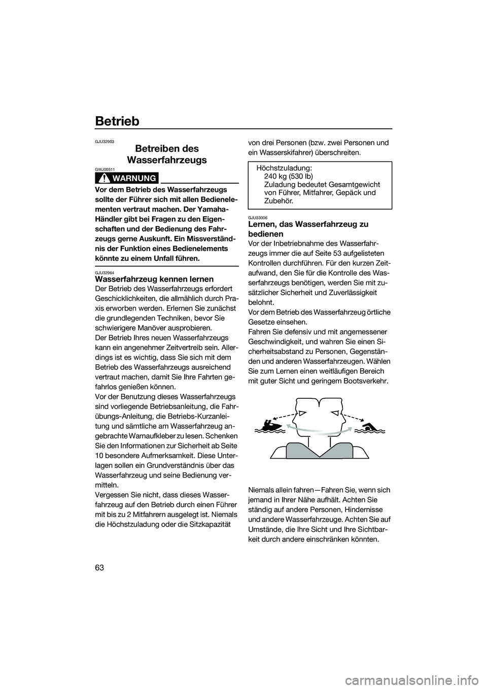 YAMAHA VXR 2014 Betriebsanleitungen (in German) Betrieb
63
GJU32903
Betreiben des
Wasserfahrzeugs
WARNUNG
GWJ00511
Vor dem Betrieb des Wasserfahrzeugs
sollte der Führer sich mit allen Bedienele-
menten vertraut machen. Der Yamaha-
Händler gibt YAMAHA VXR 2014 Betriebsanleitungen (in German) Betrieb
63
GJU32903
Betreiben des
Wasserfahrzeugs
WARNUNG
GWJ00511
Vor dem Betrieb des Wasserfahrzeugs
sollte der Führer sich mit allen Bedienele-
menten vertraut machen. Der Yamaha-
Händler gibt