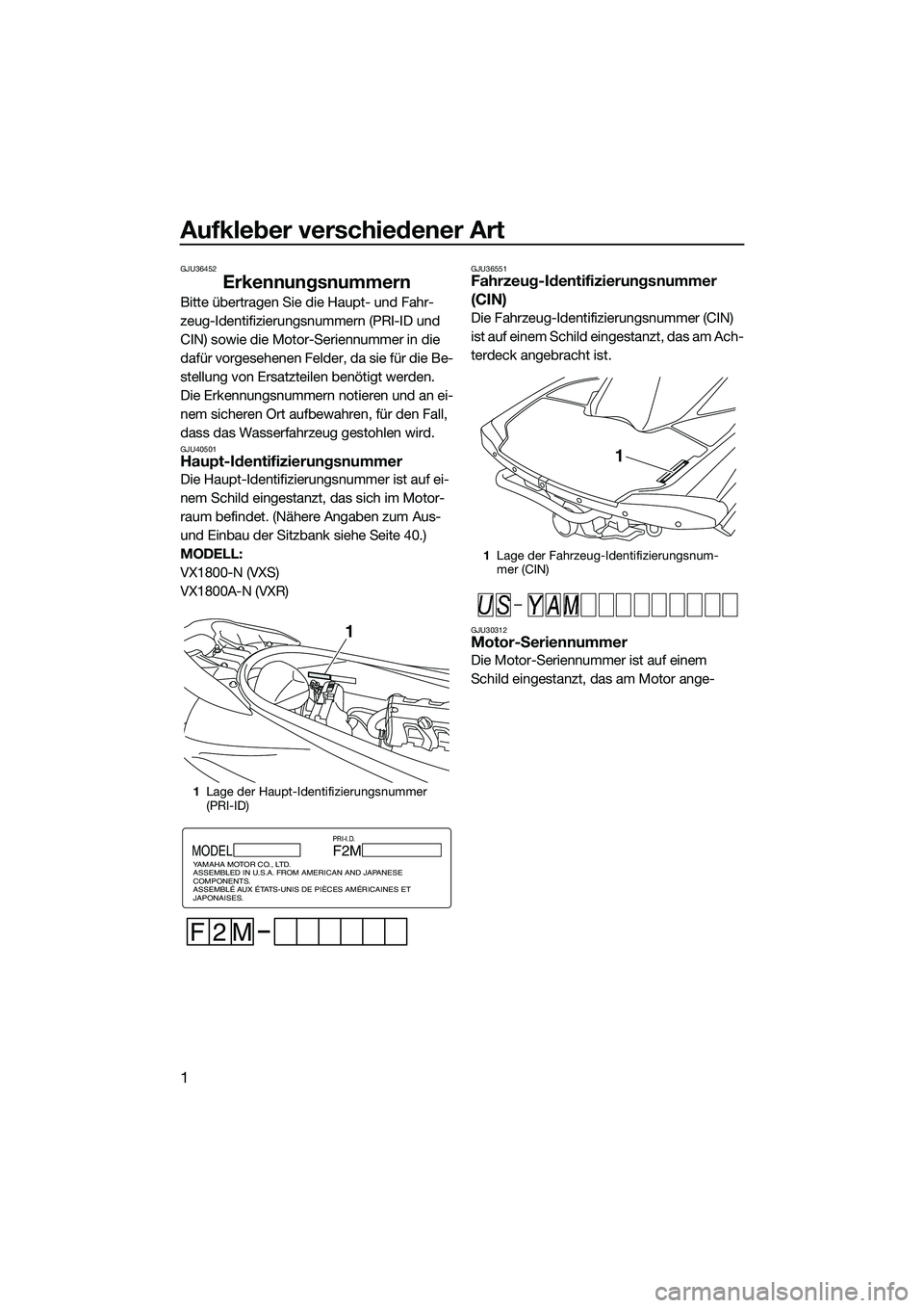 YAMAHA VXR 2014 Betriebsanleitungen (in German) Aufkleber verschiedener Art
1
GJU36452
Erkennungsnummern
Bitte übertragen Sie die Haupt- und Fahr-
zeug-Identifizierungsnummern (PRI-ID und
CIN) sowie die Motor-Seriennummer in die
dafür vorgesehe YAMAHA VXR 2014 Betriebsanleitungen (in German) Aufkleber verschiedener Art
1
GJU36452
Erkennungsnummern
Bitte übertragen Sie die Haupt- und Fahr-
zeug-Identifizierungsnummern (PRI-ID und
CIN) sowie die Motor-Seriennummer in die
dafür vorgesehe