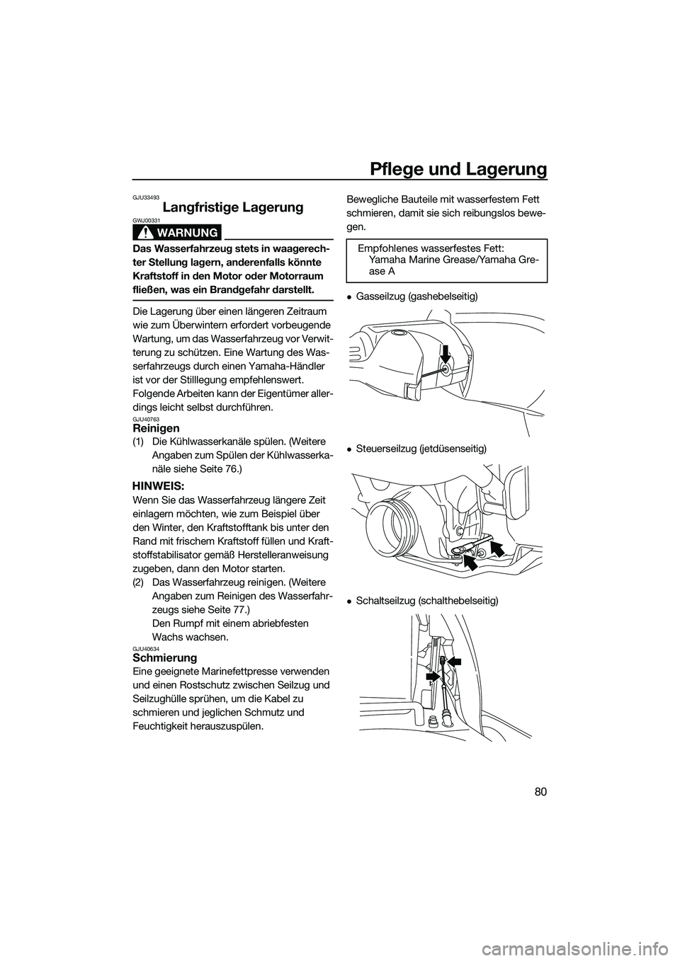 YAMAHA VXR 2014 Betriebsanleitungen (in German) Pflege und Lagerung
80
GJU33493
Langfristige Lagerung
WARNUNG
GWJ00331
Das Wasserfahrzeug stets in waagerech-
ter Stellung lagern, anderenfalls könnte
Kraftstoff in den Motor oder Motorraum
fließe YAMAHA VXR 2014 Betriebsanleitungen (in German) Pflege und Lagerung
80
GJU33493
Langfristige Lagerung
WARNUNG
GWJ00331
Das Wasserfahrzeug stets in waagerech-
ter Stellung lagern, anderenfalls könnte
Kraftstoff in den Motor oder Motorraum
fließe