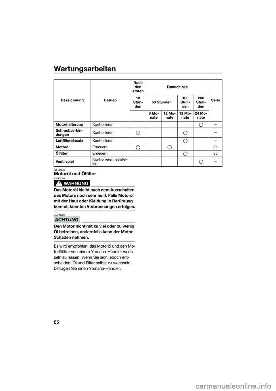 YAMAHA VXR 2014 Betriebsanleitungen (in German) Wartungsarbeiten
85
GJU36943Motoröl und Ölfilter
WARNUNG
GWJ00341
Das Motoröl bleibt nach dem Ausschalten
des Motors noch sehr heiß. Falls Motoröl
mit der Haut oder Kleidung in Berührung
komm YAMAHA VXR 2014 Betriebsanleitungen (in German) Wartungsarbeiten
85
GJU36943Motoröl und Ölfilter
WARNUNG
GWJ00341
Das Motoröl bleibt nach dem Ausschalten
des Motors noch sehr heiß. Falls Motoröl
mit der Haut oder Kleidung in Berührung
komm