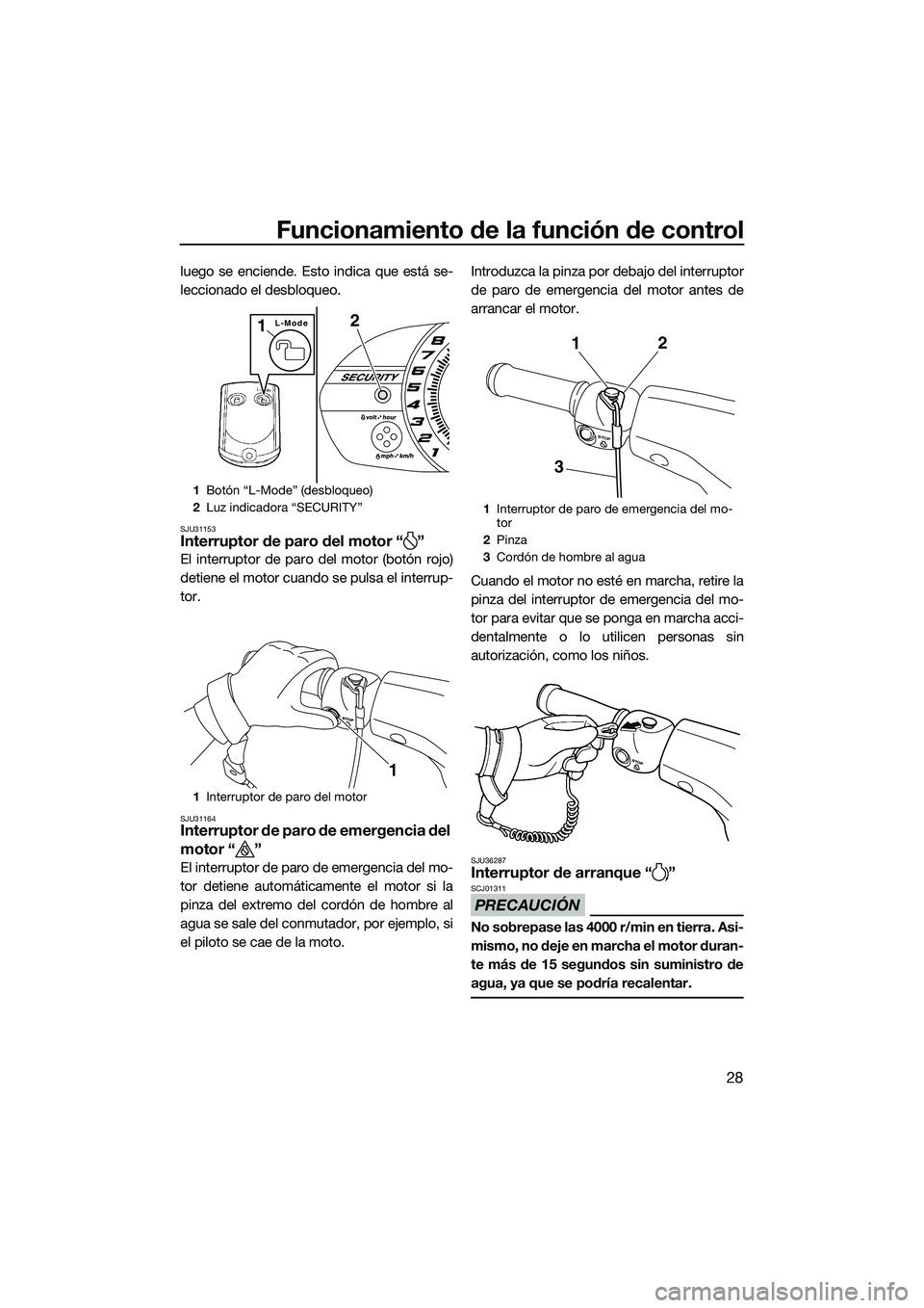 YAMAHA VXS 2014 Manuale de Empleo (in Spanish) Funcionamiento de la función de control
28
luego se enciende. Esto indica que está se-
leccionado el desbloqueo.
SJU31153Interruptor de paro del motor “ ”
El interruptor de paro del motor (botó YAMAHA VXS 2014 Manuale de Empleo (in Spanish) Funcionamiento de la función de control
28
luego se enciende. Esto indica que está se-
leccionado el desbloqueo.
SJU31153Interruptor de paro del motor “ ”
El interruptor de paro del motor (botó