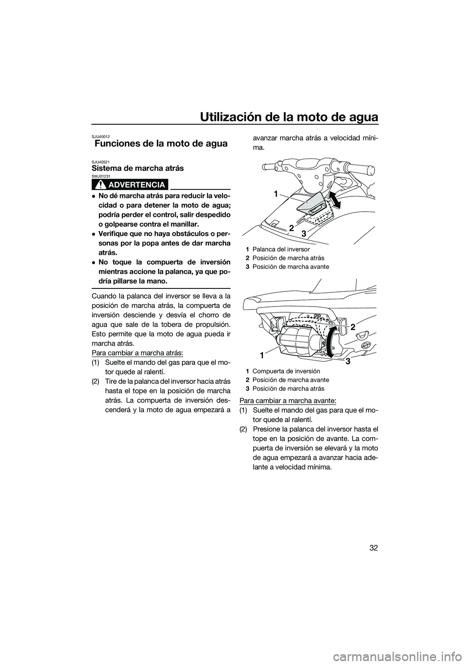YAMAHA VXS 2014 Manuale de Empleo (in Spanish) Utilización de la moto de agua
32
SJU40012
Funciones de la moto de agua
SJU40521Sistema de marcha atrás
ADVERTENCIA
SWJ01231
No dé marcha atrás para reducir la velo-
cidad o para detener la mot YAMAHA VXS 2014 Manuale de Empleo (in Spanish) Utilización de la moto de agua
32
SJU40012
Funciones de la moto de agua
SJU40521Sistema de marcha atrás
ADVERTENCIA
SWJ01231
No dé marcha atrás para reducir la velo-
cidad o para detener la mot