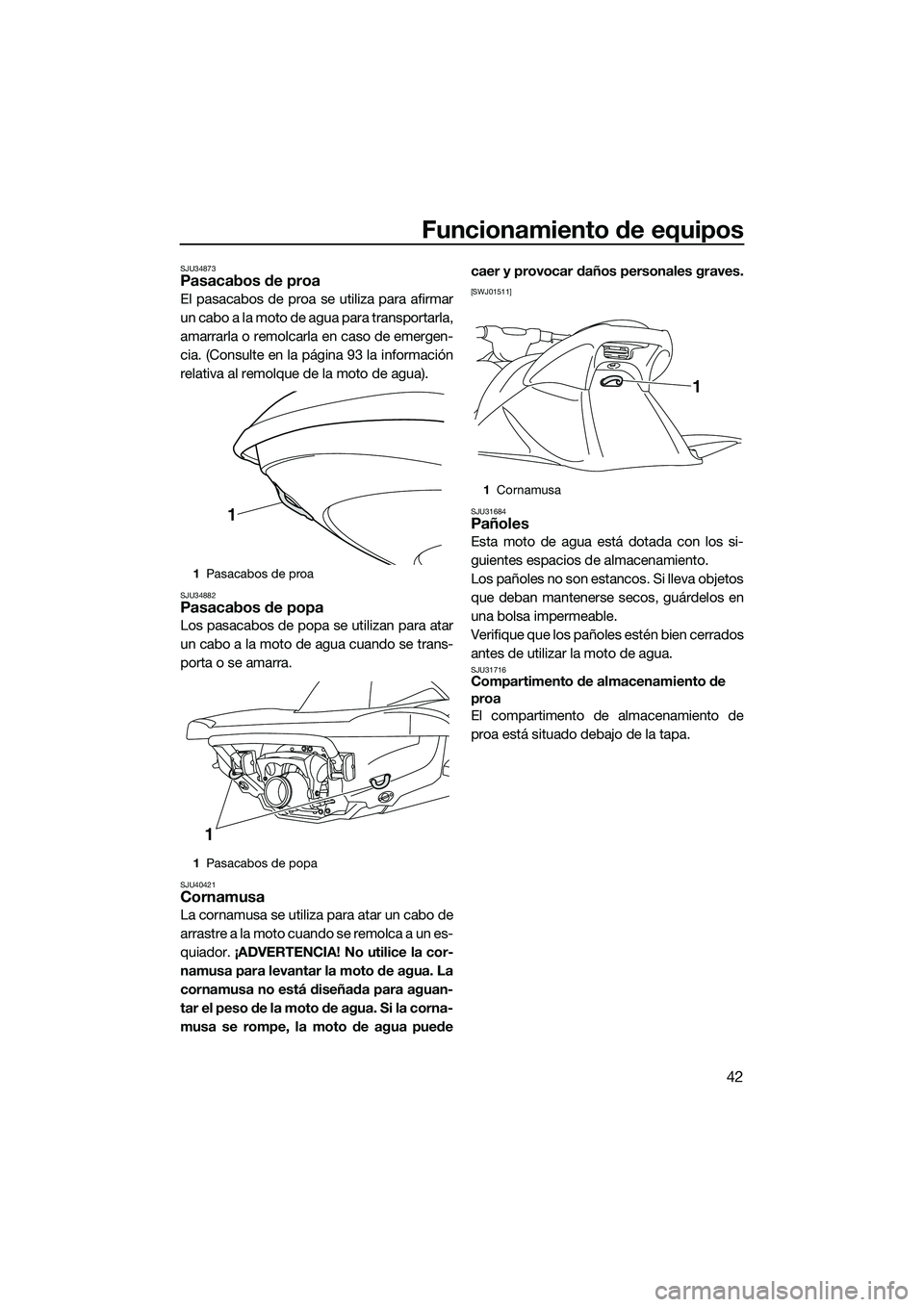 YAMAHA VXS 2014 Manuale de Empleo (in Spanish) Funcionamiento de equipos
42
SJU34873Pasacabos de proa
El pasacabos de proa se utiliza para afirmar
un cabo a la moto de agua para transportarla,
amarrarla o remolcarla en caso de emergen-
cia. (Consu YAMAHA VXS 2014 Manuale de Empleo (in Spanish) Funcionamiento de equipos
42
SJU34873Pasacabos de proa
El pasacabos de proa se utiliza para afirmar
un cabo a la moto de agua para transportarla,
amarrarla o remolcarla en caso de emergen-
cia. (Consu