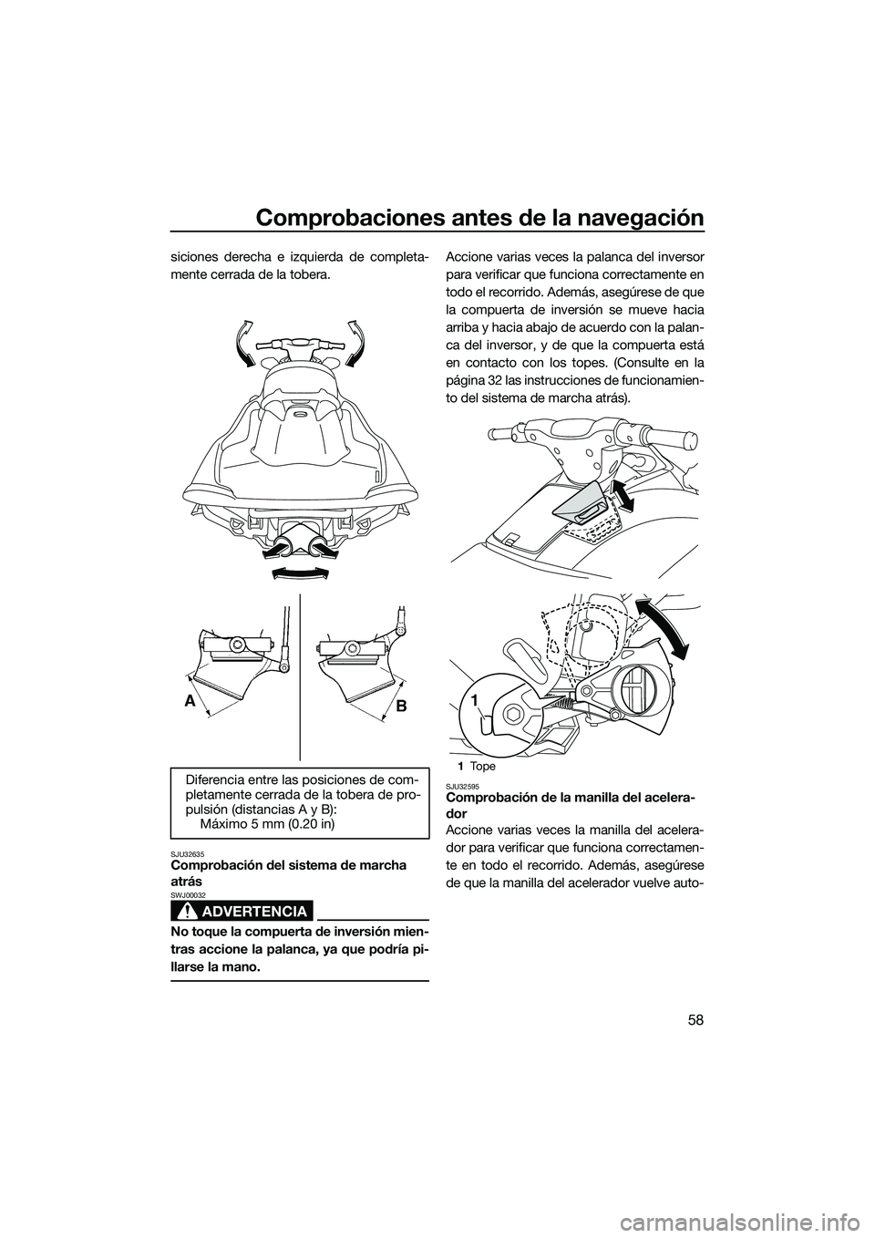 YAMAHA VXS 2014 Manuale de Empleo (in Spanish) Comprobaciones antes de la navegación
58
siciones derecha e izquierda de completa-
mente cerrada de la tobera.
SJU32635Comprobación del sistema de marcha
atrás
ADVERTENCIA
SWJ00032
No toque la com YAMAHA VXS 2014 Manuale de Empleo (in Spanish) Comprobaciones antes de la navegación
58
siciones derecha e izquierda de completa-
mente cerrada de la tobera.
SJU32635Comprobación del sistema de marcha
atrás
ADVERTENCIA
SWJ00032
No toque la com