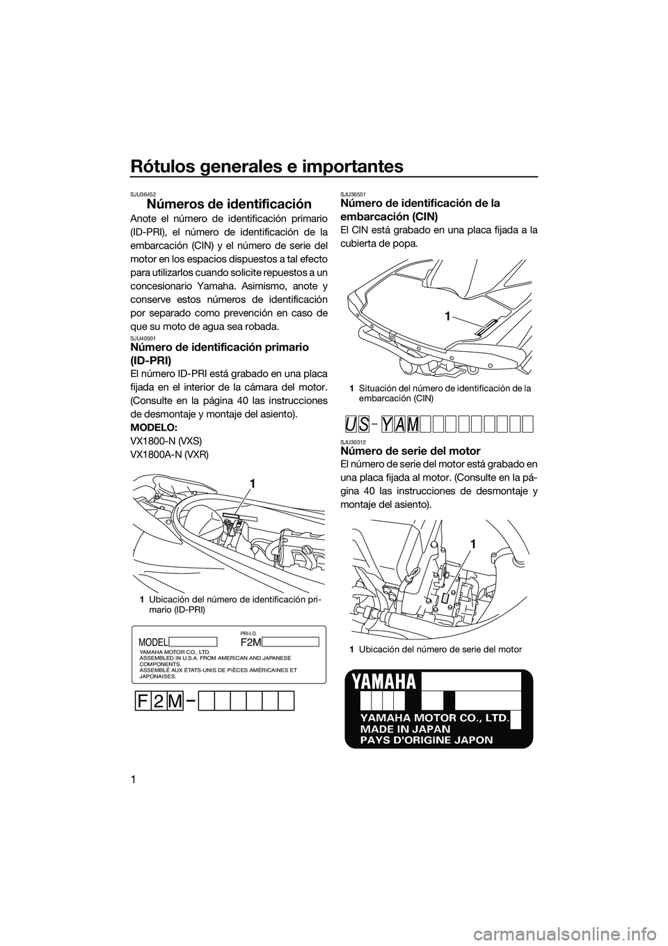 YAMAHA VXS 2014  Manuale de Empleo (in Spanish) Rótulos generales e importantes
1
SJU36452
Números de identificación
Anote el número de identificación primario
(ID-PRI), el número de identificación de la
embarcación (CIN) y el número de se