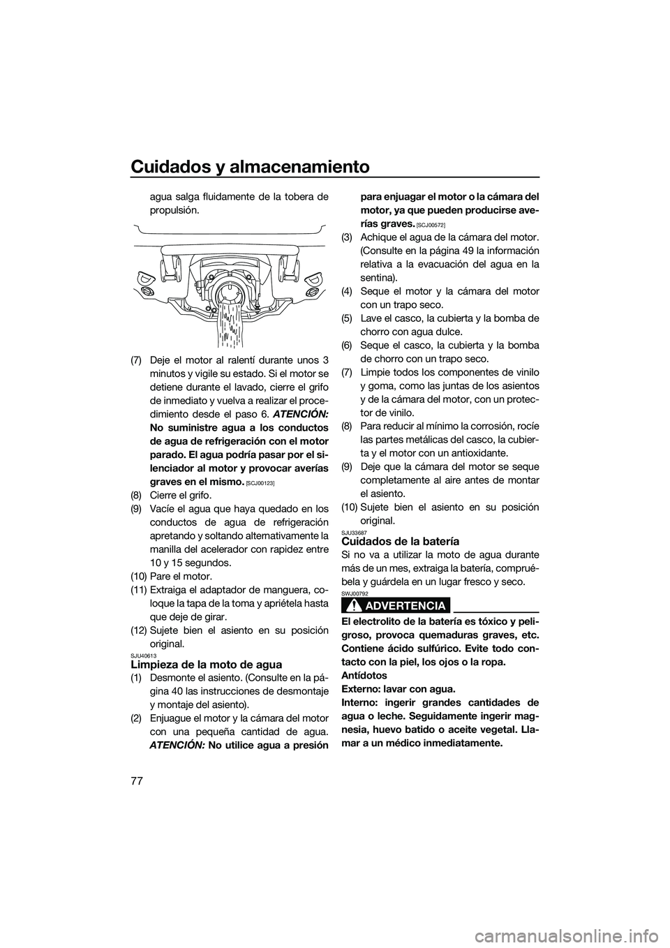YAMAHA VXS 2014 Manuale de Empleo (in Spanish) Cuidados y almacenamiento
77
agua salga fluidamente de la tobera de
propulsión.
(7) Deje el motor al ralentí durante unos 3 minutos y vigile su estado. Si el motor se
detiene durante el lavado, cier YAMAHA VXS 2014 Manuale de Empleo (in Spanish) Cuidados y almacenamiento
77
agua salga fluidamente de la tobera de
propulsión.
(7) Deje el motor al ralentí durante unos 3 minutos y vigile su estado. Si el motor se
detiene durante el lavado, cier