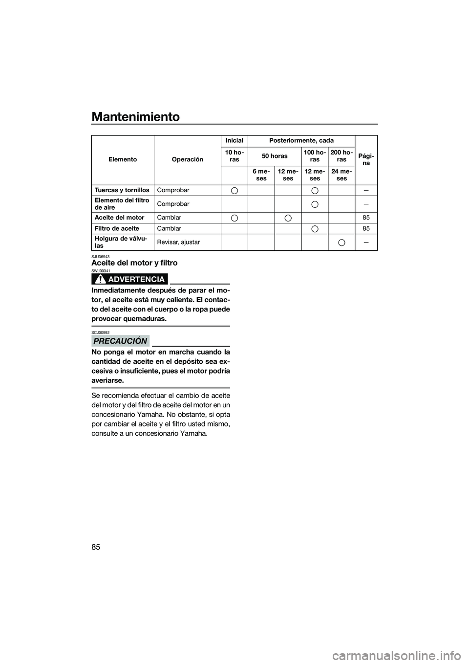 YAMAHA VXS 2014  Manuale de Empleo (in Spanish) Mantenimiento
85
SJU36943Aceite del motor y filtro
ADVERTENCIA
SWJ00341
Inmediatamente después de parar el mo-
tor, el aceite está muy caliente. El contac-
to del aceite con el cuerpo o la ropa pued