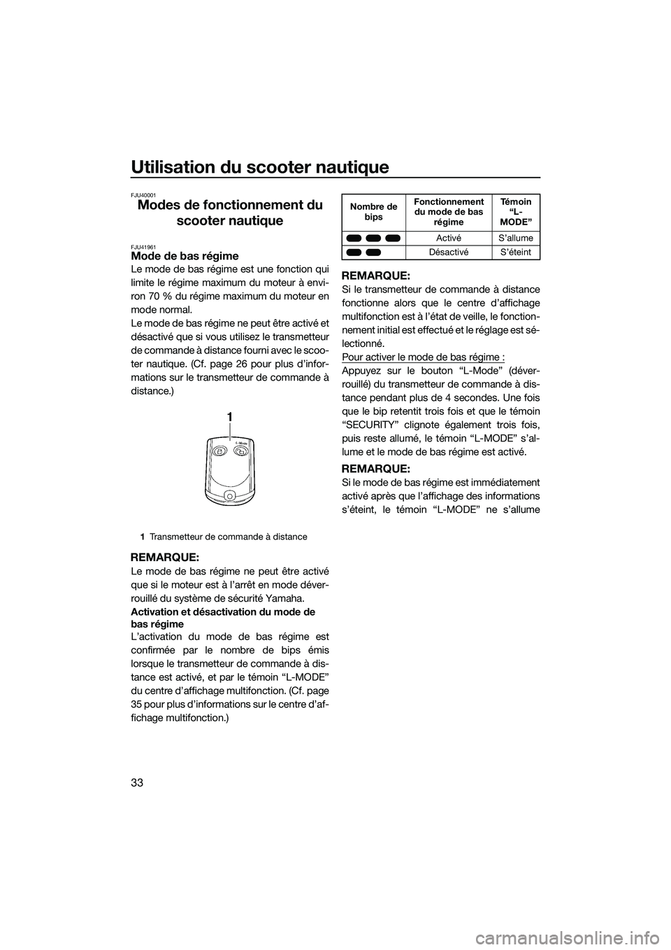 YAMAHA VXR 2014  Notices Demploi (in French) Utilisation du scooter nautique
33
FJU40001
Modes de fonctionnement du scooter nautique
FJU41961Mode de bas régime
Le mode de bas régime est une fonction qui
limite le régime maximum du moteur à e