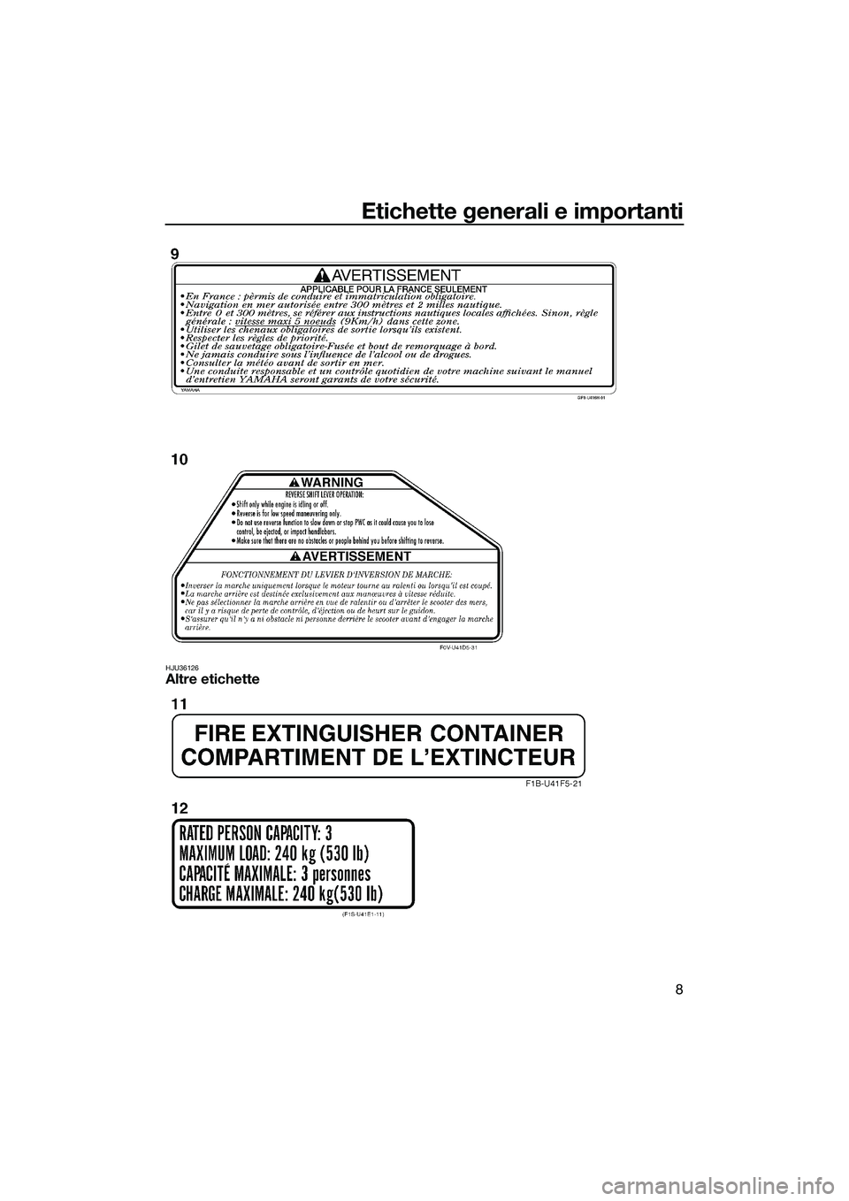 YAMAHA VXS 2014 Manuale duso (in Italian) Etichette generali e importanti
8
HJU36126Altre etichette
UF2M73H0.book Page 8 Friday, August 2, 2013 11:37 AM YAMAHA VXS 2014 Manuale duso (in Italian) Etichette generali e importanti
8
HJU36126Altre etichette
UF2M73H0.book Page 8 Friday, August 2, 2013 11:37 AM