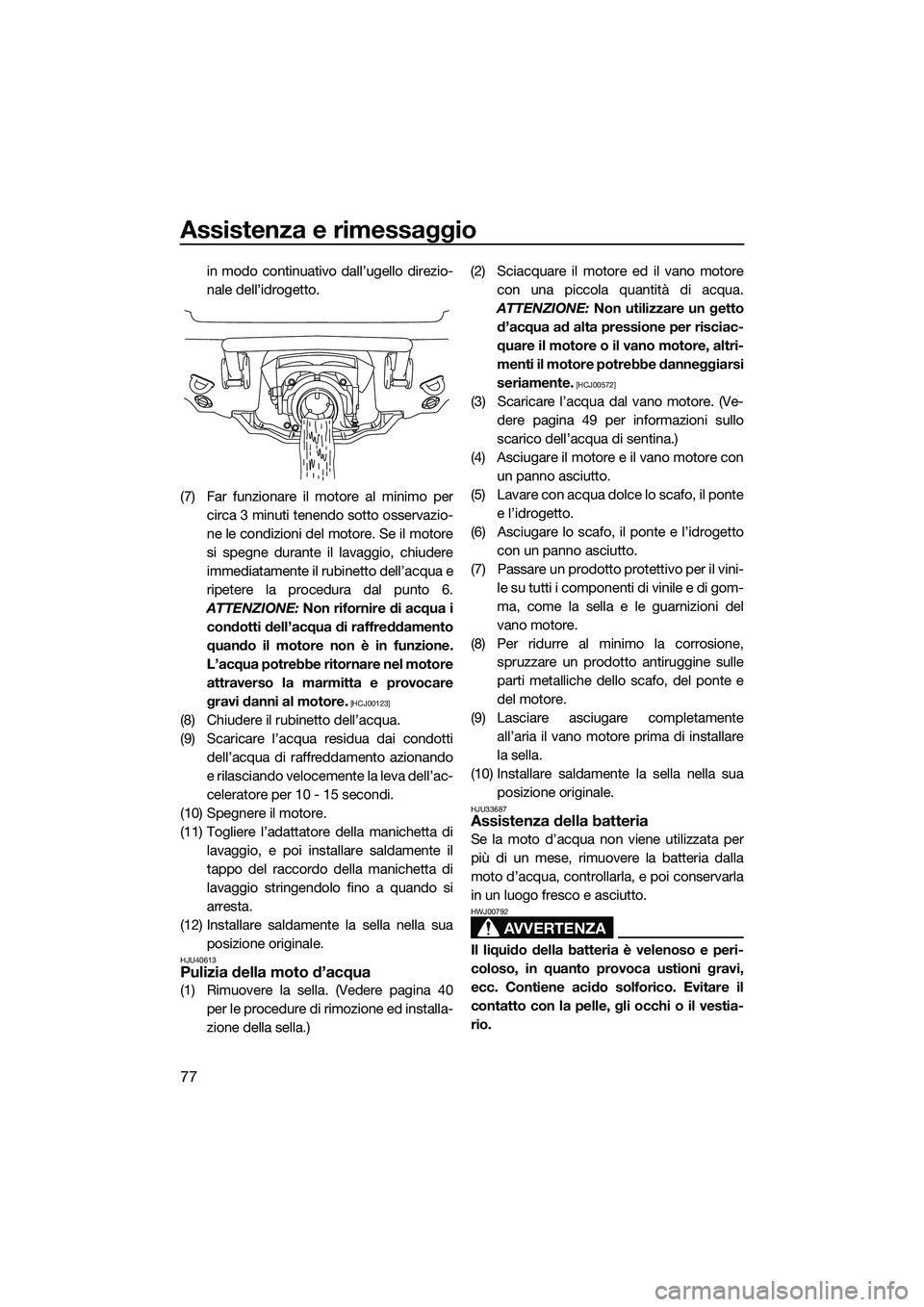 YAMAHA VXS 2014 Manuale duso (in Italian) Assistenza e rimessaggio
77
in modo continuativo dall’ugello direzio-
nale dell’idrogetto.
(7) Far funzionare il motore al minimo per circa 3 minuti tenendo sotto osservazio-
ne le condizioni del YAMAHA VXS 2014 Manuale duso (in Italian) Assistenza e rimessaggio
77
in modo continuativo dall’ugello direzio-
nale dell’idrogetto.
(7) Far funzionare il motore al minimo per circa 3 minuti tenendo sotto osservazio-
ne le condizioni del