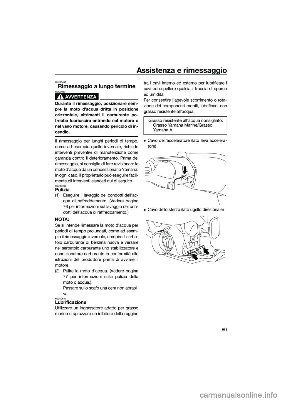 YAMAHA VXS 2014 Manuale duso (in Italian) Assistenza e rimessaggio
80
HJU33493
Rimessaggio a lungo termine
AVVERTENZA
HWJ00331
Durante il rimessaggio, posizionare sem-
pre la moto d’acqua dritta in posizione
orizzontale, altrimenti il carbu YAMAHA VXS 2014 Manuale duso (in Italian) Assistenza e rimessaggio
80
HJU33493
Rimessaggio a lungo termine
AVVERTENZA
HWJ00331
Durante il rimessaggio, posizionare sem-
pre la moto d’acqua dritta in posizione
orizzontale, altrimenti il carbu