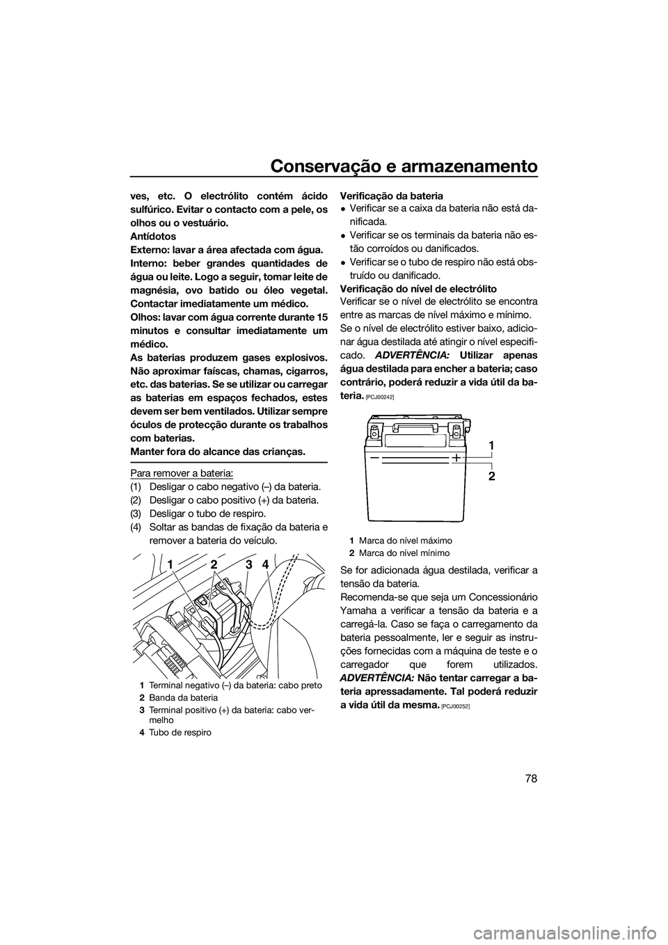YAMAHA VXS 2014 Manual de utilização (in Portuguese) Conservação e armazenamento
78
ves, etc. O electrólito contém ácido
sulfúrico. Evitar o contacto com a pele, os
olhos ou o vestuário.
Antídotos
Externo: lavar a área afectada com água.
Inter YAMAHA VXS 2014 Manual de utilização (in Portuguese) Conservação e armazenamento
78
ves, etc. O electrólito contém ácido
sulfúrico. Evitar o contacto com a pele, os
olhos ou o vestuário.
Antídotos
Externo: lavar a área afectada com água.
Inter