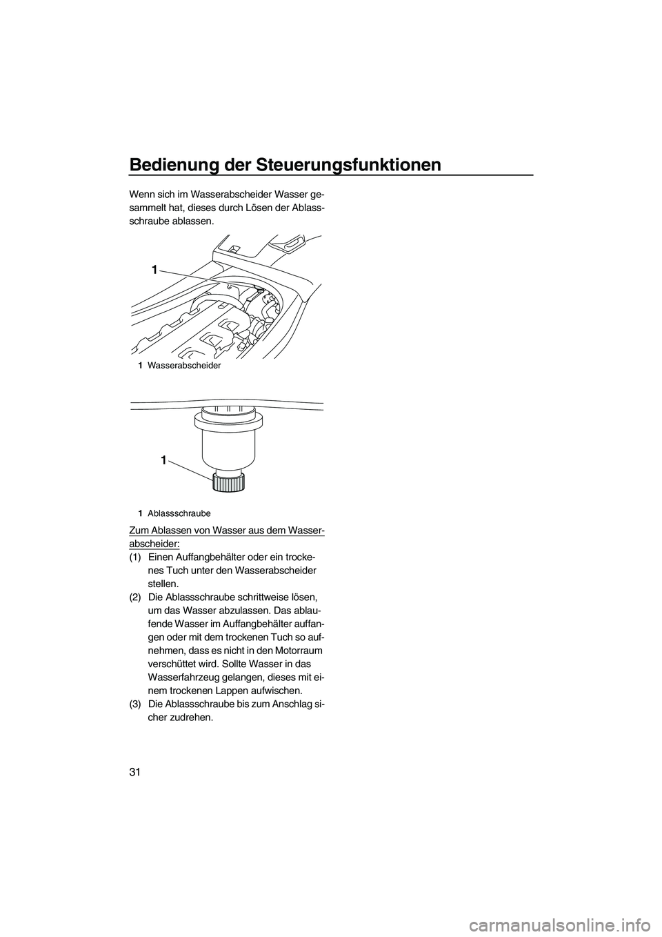 YAMAHA VXR 2013  Betriebsanleitungen (in German) Bedienung der Steuerungsfunktionen
31
Wenn sich im Wasserabscheider Wasser ge-
sammelt hat, dieses durch Lösen der Ablass-
schraube ablassen.
Zum Ablassen von Wasser aus dem Wasser-
abscheider:
(1) E