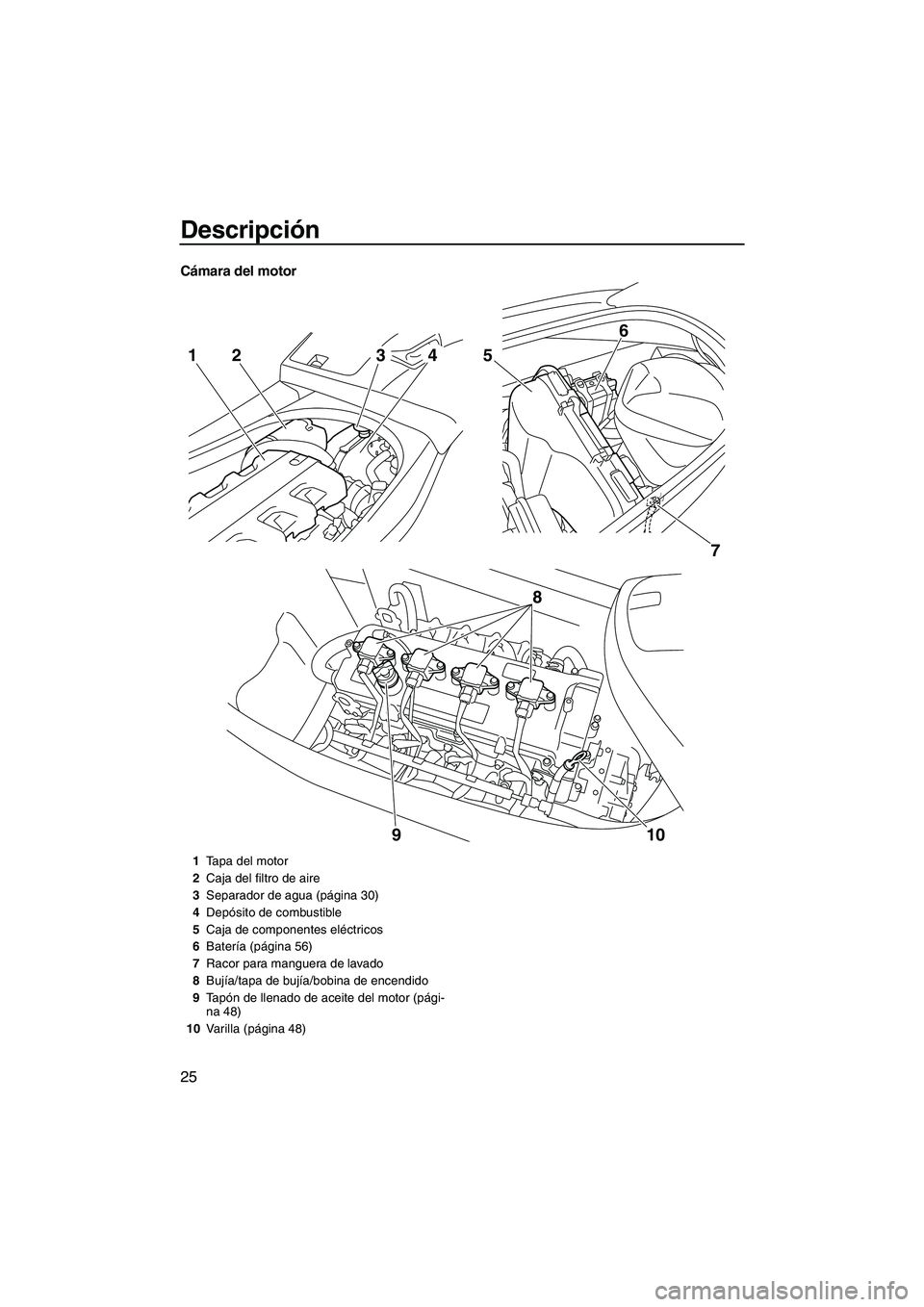 YAMAHA VXR 2013 Manuale de Empleo (in Spanish) Descripción
25
Cámara del motor
7
5
6
8
10
9
2143
1 Tapa del motor
2 Caja del filtro de aire
3 Separador de agua (página 30)
4 Depósito de combustible
5 Caja de componentes eléctricos
6 Batería YAMAHA VXR 2013 Manuale de Empleo (in Spanish) Descripción
25
Cámara del motor
7
5
6
8
10
9
2143
1 Tapa del motor
2 Caja del filtro de aire
3 Separador de agua (página 30)
4 Depósito de combustible
5 Caja de componentes eléctricos
6 Batería