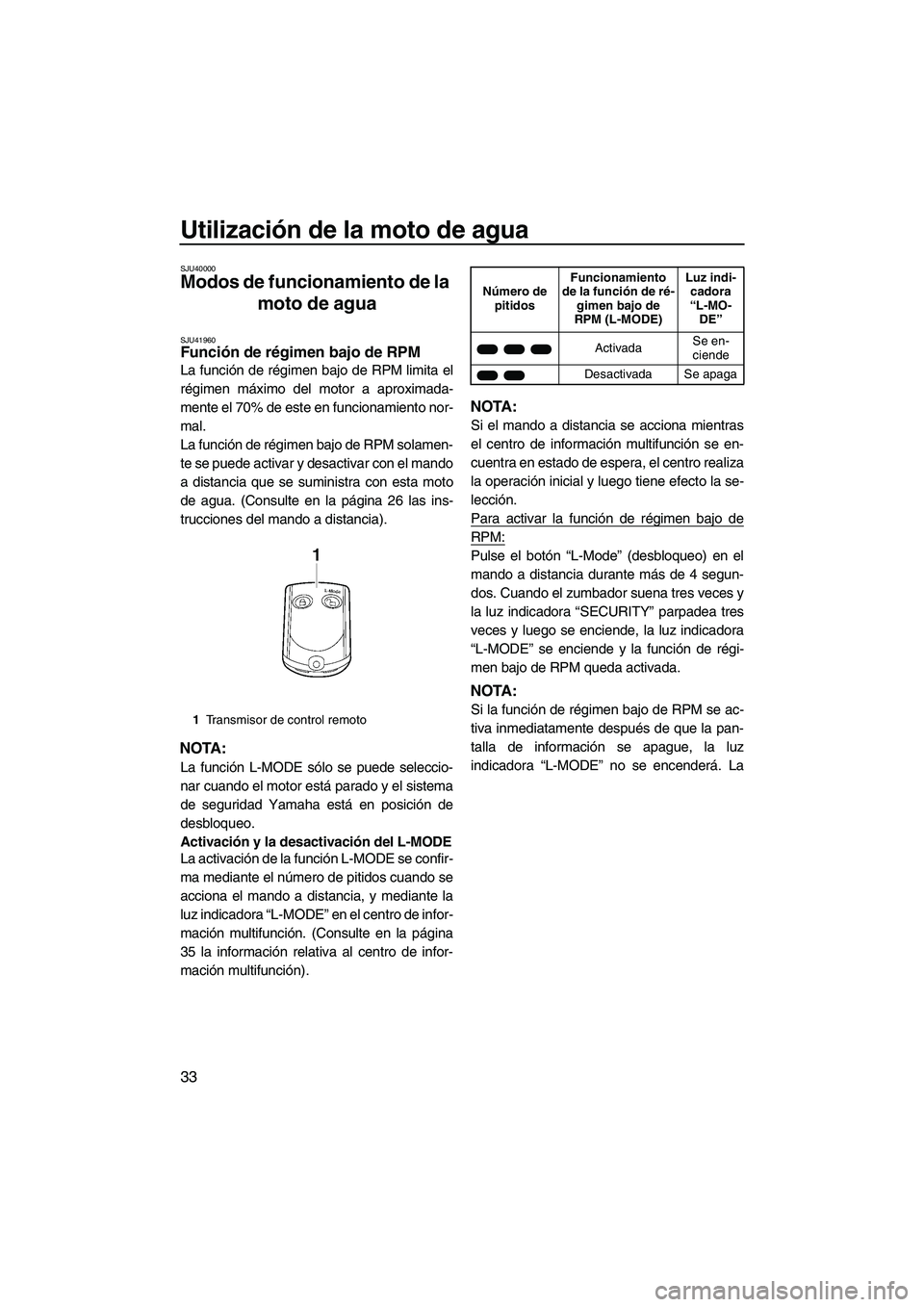 YAMAHA VXR 2013 Manuale de Empleo (in Spanish) Utilización de la moto de agua
33
SJU40000
Modos de funcionamiento de la
moto de agua
SJU41960Función de régimen bajo de RPM
La función de régimen bajo de RPM limita el
régimen máximo del mo YAMAHA VXR 2013 Manuale de Empleo (in Spanish) Utilización de la moto de agua
33
SJU40000
Modos de funcionamiento de la
moto de agua
SJU41960Función de régimen bajo de RPM
La función de régimen bajo de RPM limita el
régimen máximo del mo
