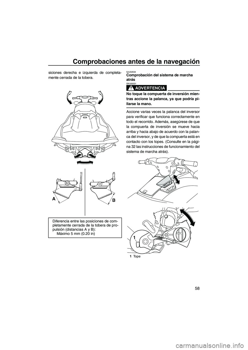 YAMAHA VXS 2013  Manuale de Empleo (in Spanish) Comprobaciones antes de la navegación
58
siciones derecha e izquierda de completa-
mente cerrada de la tobera.SJU32634Comprobación del sistema de marcha 
atrás 
ADVERTENCIA
SWJ00031
No toque la com